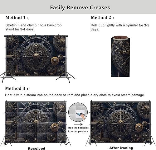 Miniatura 5 de YongFoto Telón de fondo antiguo steampunk de 6 x 4 pies, relojes de metal retro, esfera industrial, fondo de fotografía mecánica, pancarta de fiesta