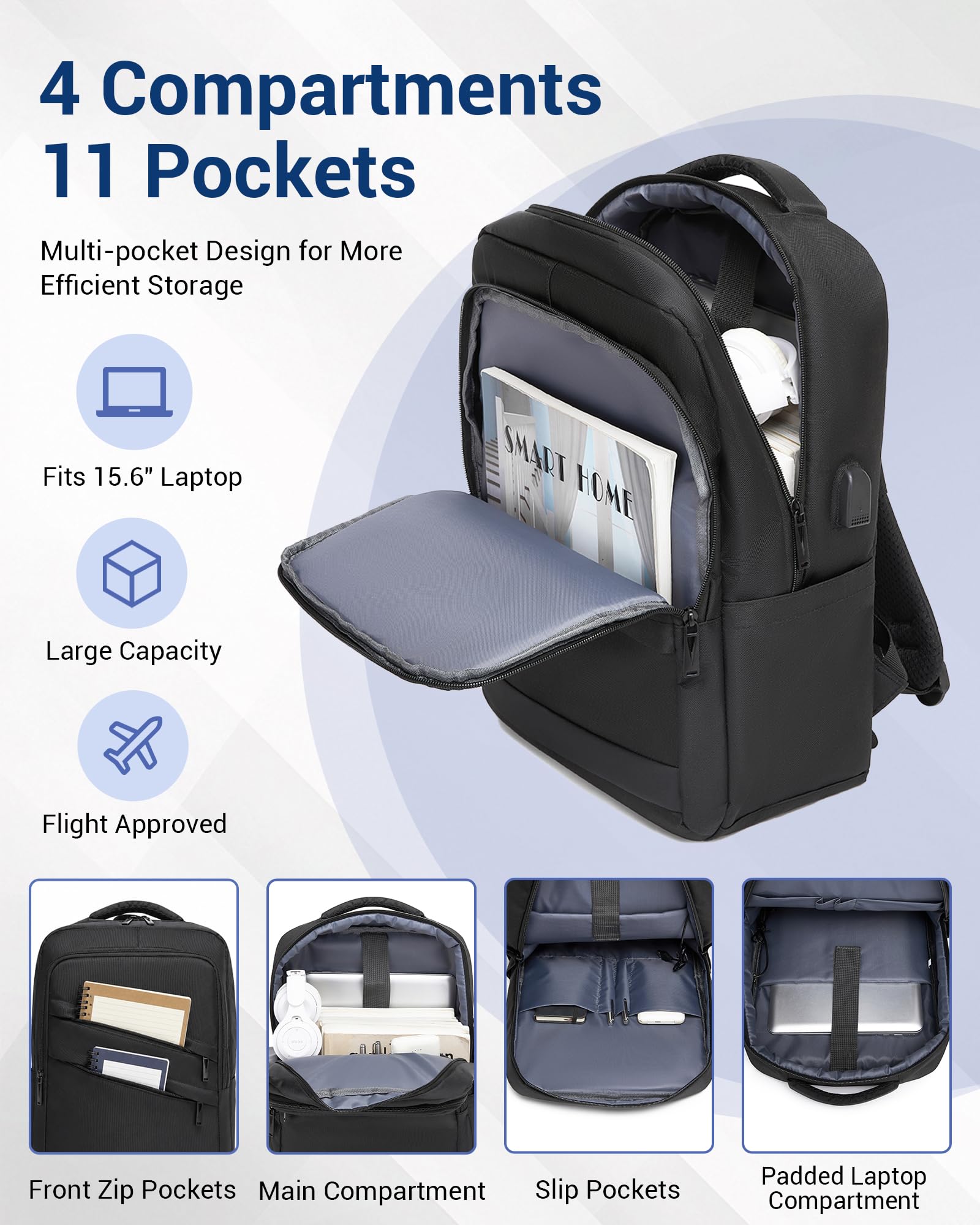 Zaino Porta PC 15,6 Pollici Uomo Donna, Zaino da Lavoro e Business con Porta USB, Leggero per Viaggi, Ufficio, Università e Uso Quotidiano - Nero