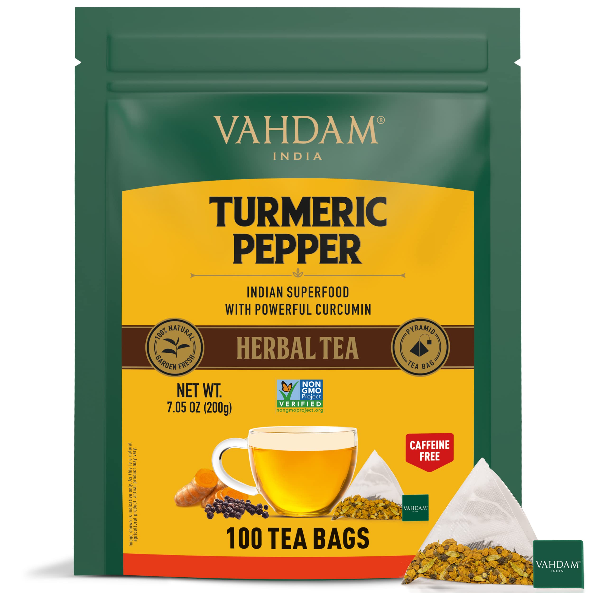 VAHDAM, Turmeric Pepper Herbal Tea (100 Tea Bags) | 100% Natural Ingredients | Benefits of Active Turmeric + Pepper + Cardamom + Cloves | Low Caffeine Herbal Detox Tea | Anti-Inflammatory