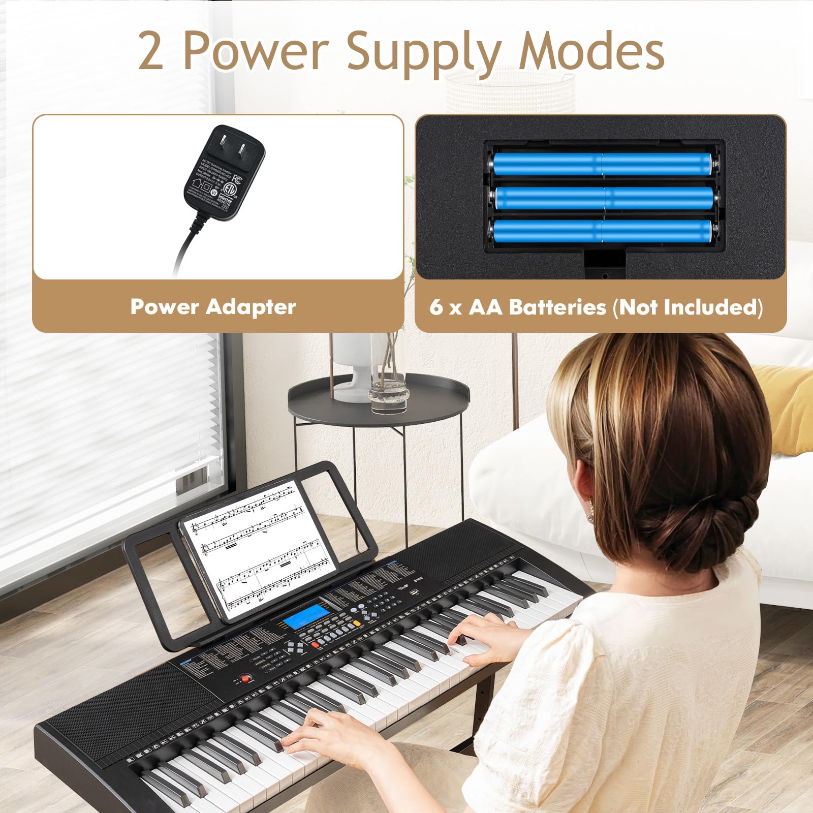 KOMFOTTEU Piano Digital de 61 Teclas, Teclado Electrónico con Soporte y Taburete, Piano Electrónico con Micrófono y Auriculares, 600 Tonos y 400 Ritmos, 50 Canciones Demo
