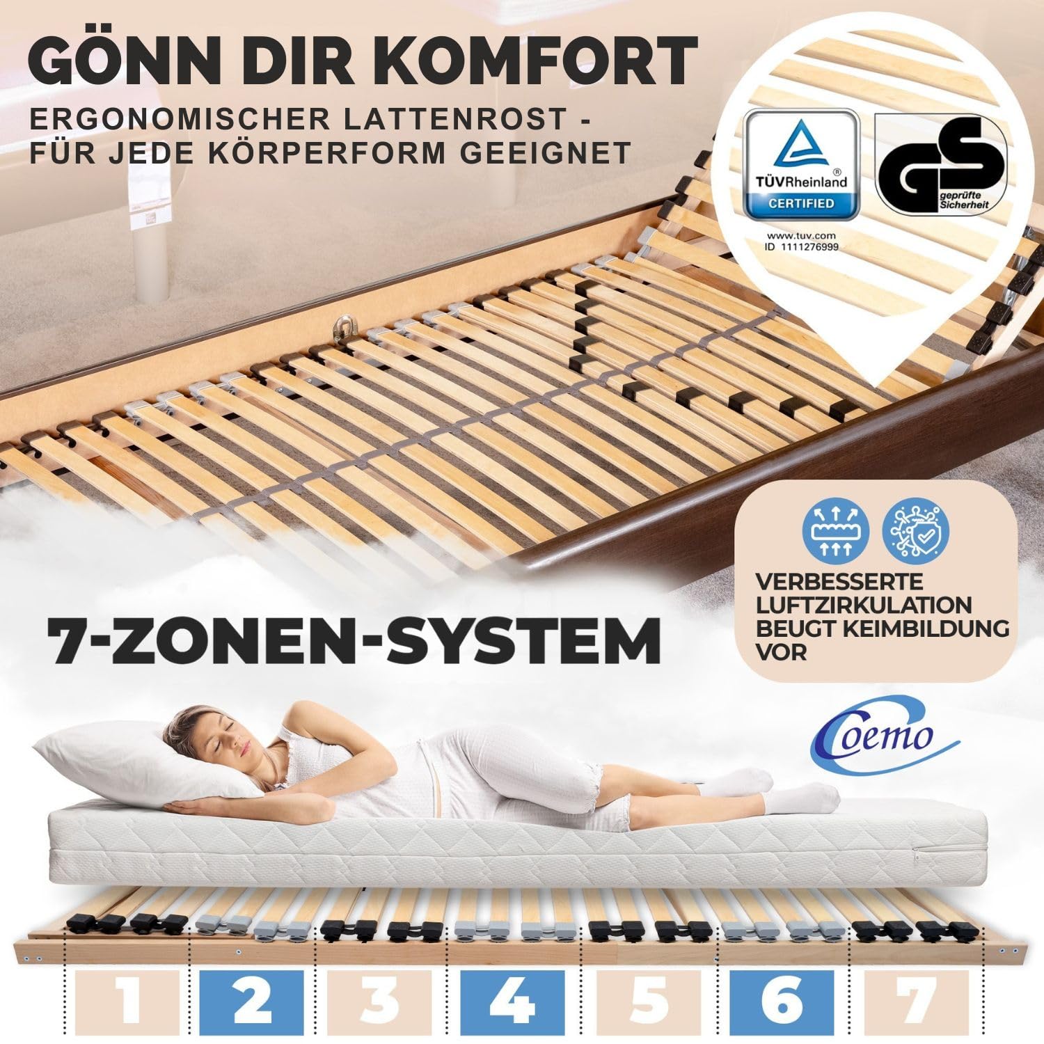 Coemo 7-Zonen Lattenrost Ergo K 90x200 Lattenrahmen mit verstellbarem Kopfteil Buche Rahmen - 28 stabile Federleisten - Bettrahmen passend für Kinderbett Ehebetten 180x200cm - für alle Matratzen