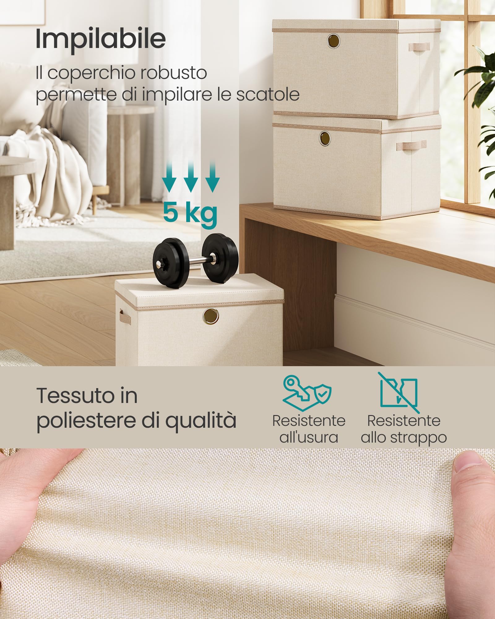 SONGMICS Scatole Portaoggetti con Coperchio, Set di 3 Contenitori in Tessuto, Pannelli Interni in PP Inodori, Pieghevoli e Impilabili, Maniglie, 43 x 30 x 30 cm, Beige Cappuccino RFB545LH01