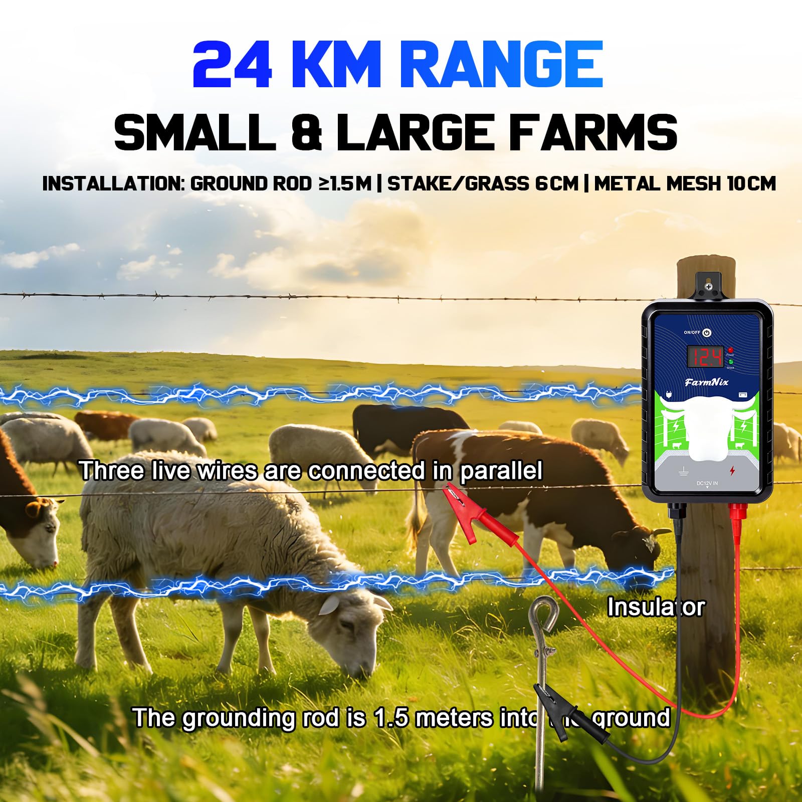 Pastor Eléctrico 12KV 4 Julios, Alcance 24KM para Granja y Pastizal - cerca eléctrica Controlador, Opciones de Corriente/Batería/Solar, para Vacas, Caballos, Ovejas, Cabras, Jabalíes