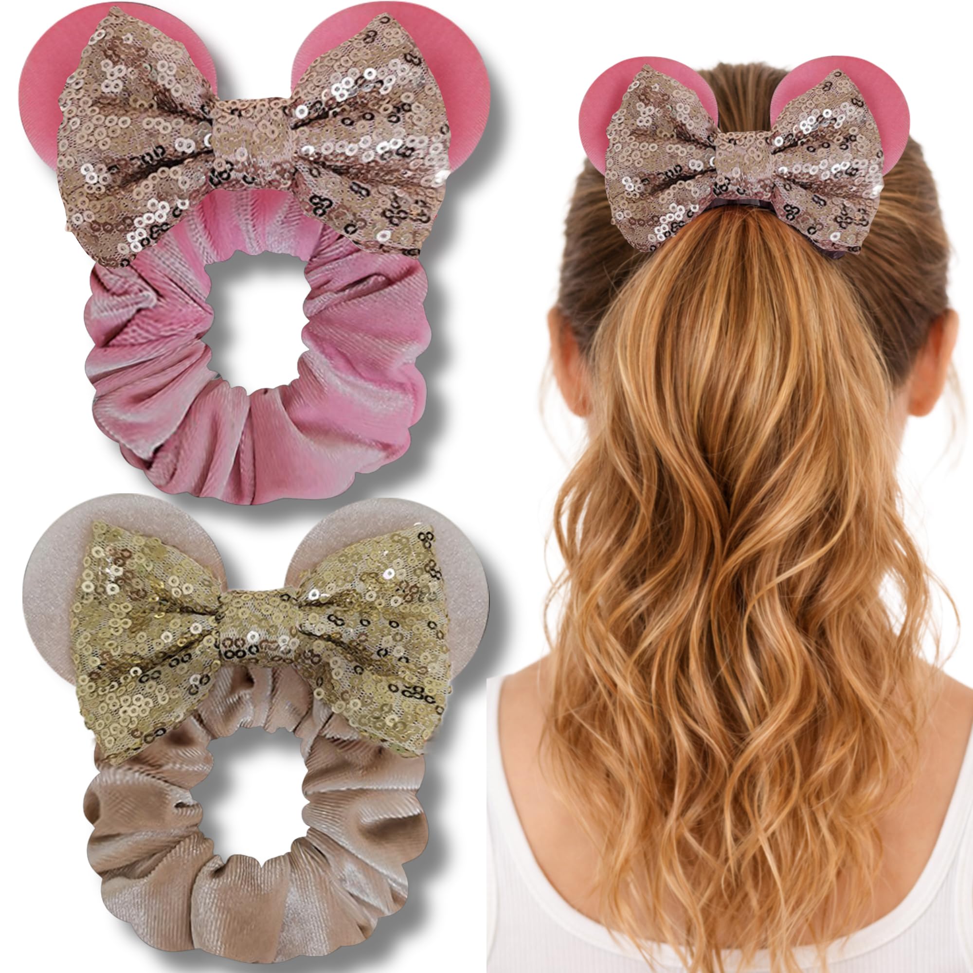 Styla Hair Haargummis für Kinder, Samt, mit glitzernden Pailletten, für Pferdeschwanz, Rosa, Beige, Gold, 2 Stück