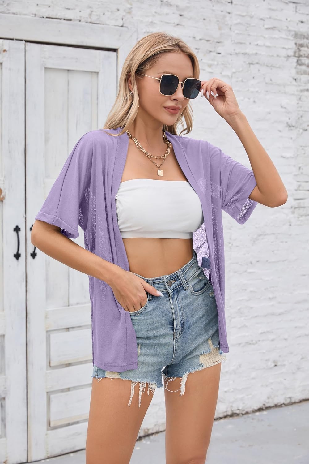 Iandroiy Women's Lightweight Open Front Cardigans Casual Short Sleeve Blouse Tops - Image 6