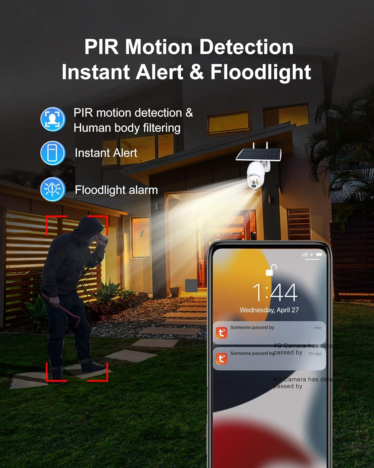 PIR モーション検知インスタントアラート & フラッドライト。バールを持った人物が検出され、スマートフォンにアラートが表示されます。