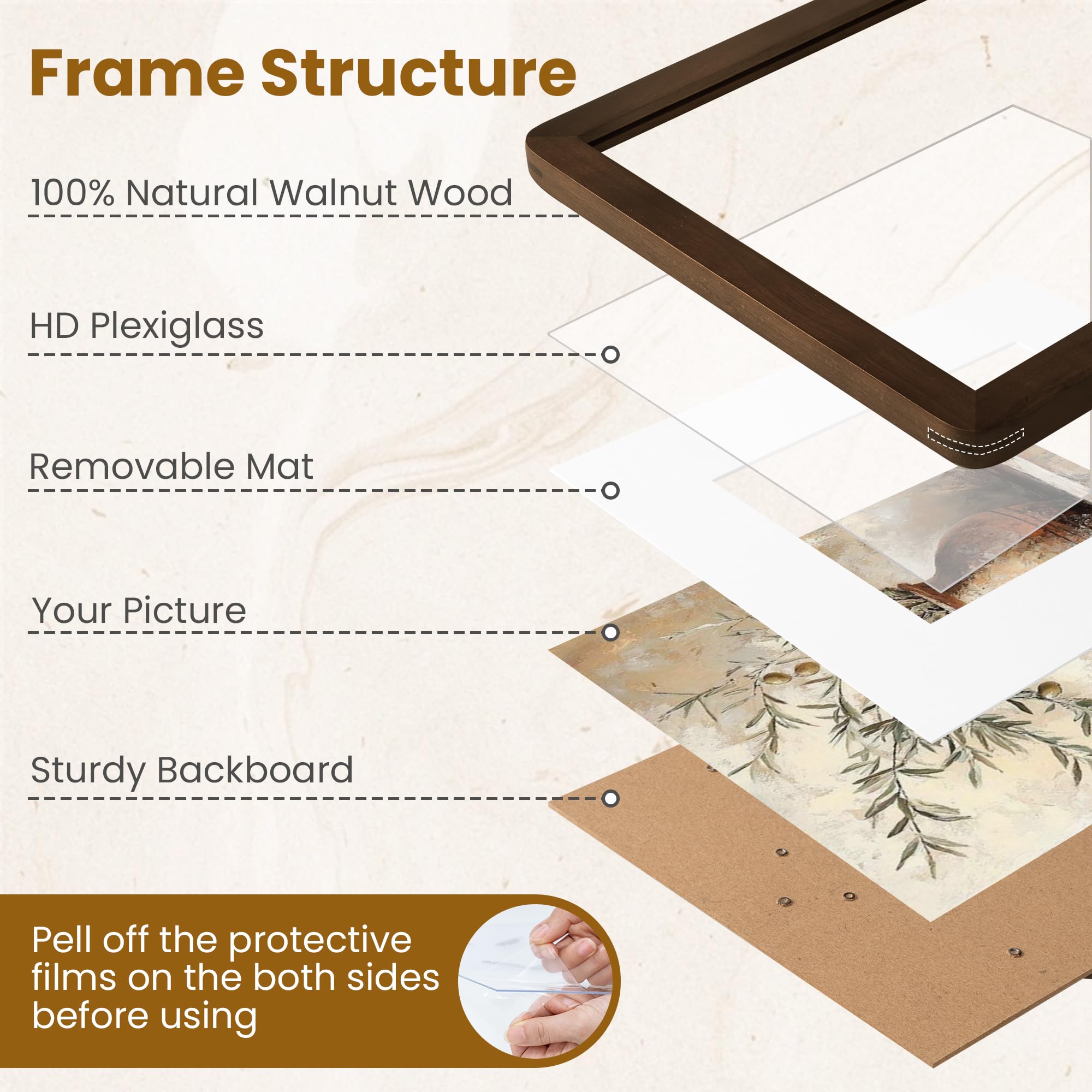 Acovy Cornice portafoto in legno massello di noce con passepartout, per cornici A5, cornici da parete e da tavolo con plexiglass e accessori per appenderla, 1 confezione