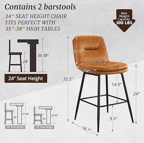 Miniatura 9 de Cozyman Juego de 2 taburetes de bar tapizados de doble capa para isla de cocina, pub, taburetes de bar de piel sintética con respaldo, sillas de bar