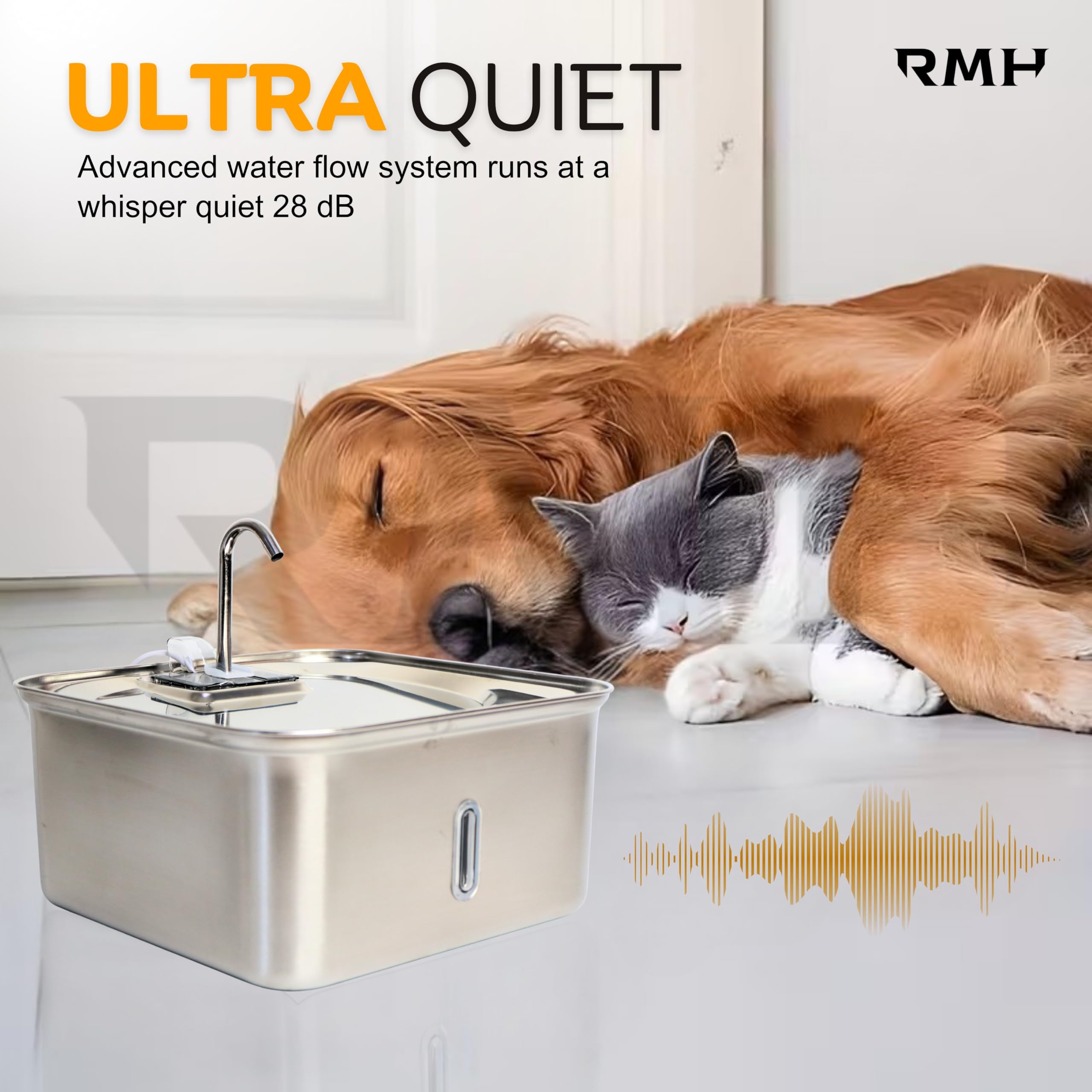 RMH 7L Stainless Steel Dog & Cat Water Fountain with Large Waterproof Mat – Automatic Pet Drinking Fountain for Large Dogs & Multi-Pet Homes, Quiet Pump, 3-Stage Filtration, LED Water Window - image 2