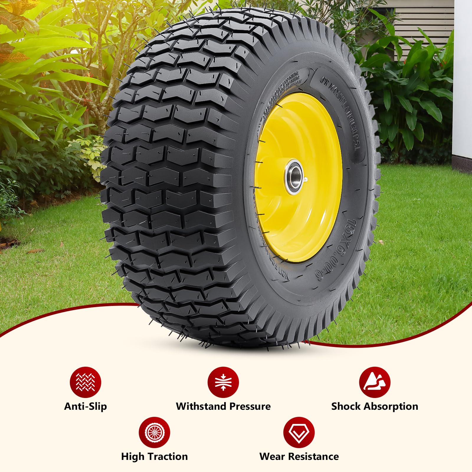2 Stück 15x6.00-6 Reifen und Rad, Ersatz-Luftreifen 15 Zoll Rad mit 3/4 Zoll Lagern, 15x6.00-6 Luftfreireifen kompatibel mit Sackkarre, Schubkarre, Wagen, Gorilla Carts Reifen| gelb
