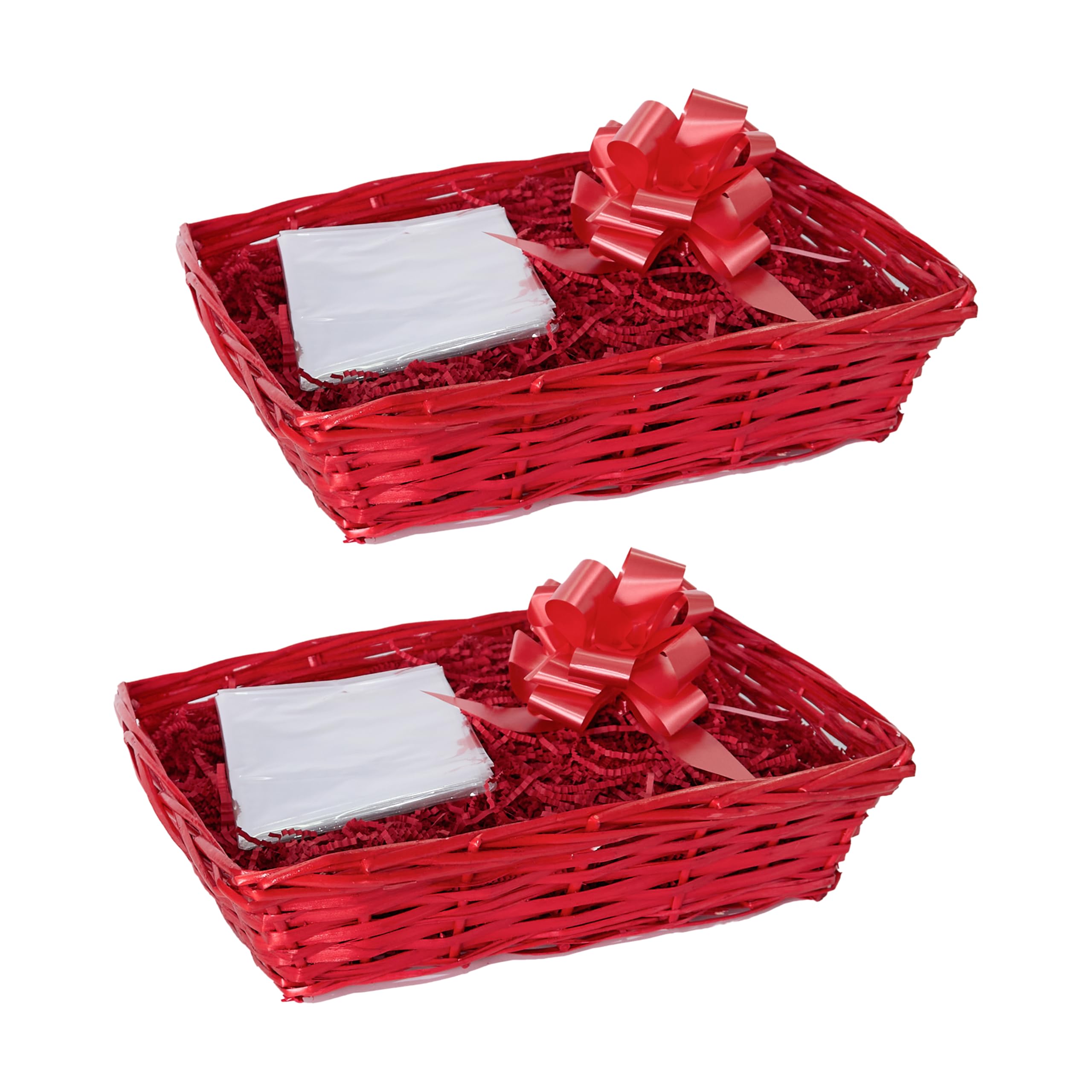2PCS Red Wicker Hampers DIY Gift Basket Hamper Kit Shredded Paper Cello Wrap Pull Bow (Red)