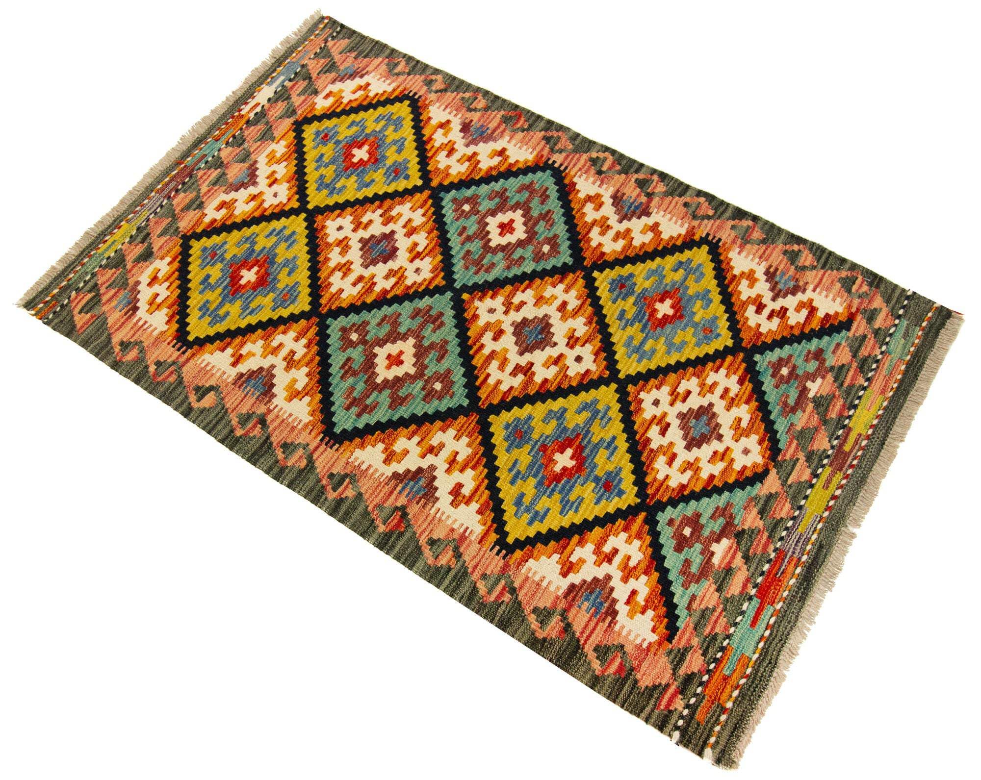 Kilim Tapis 100 % laine 126 x 80 cm, fait à la main, pièce unique de style Herat Boho multicolore, tissage plat, tapis d'entrée et chambre