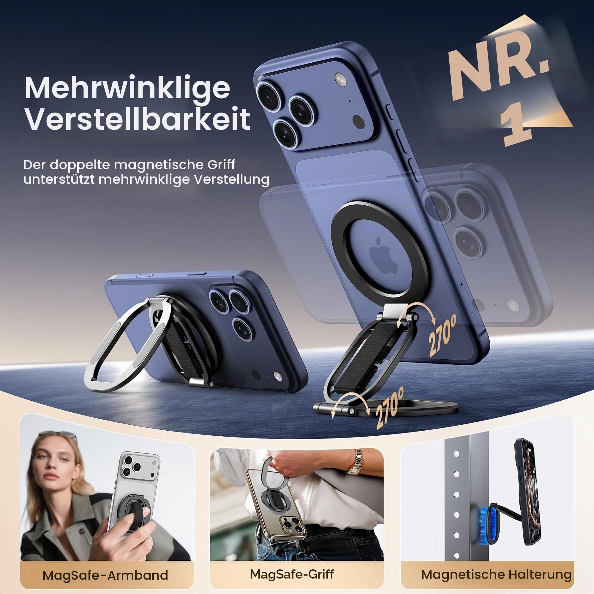 Magnetischer Doppelring-Handygriff & Ständer, Fingerschlaufe, Handyringhalter kompatibel mit MagSafe iPhone 17/16/15/14/13/12 Serie und MagSafe Hüllen