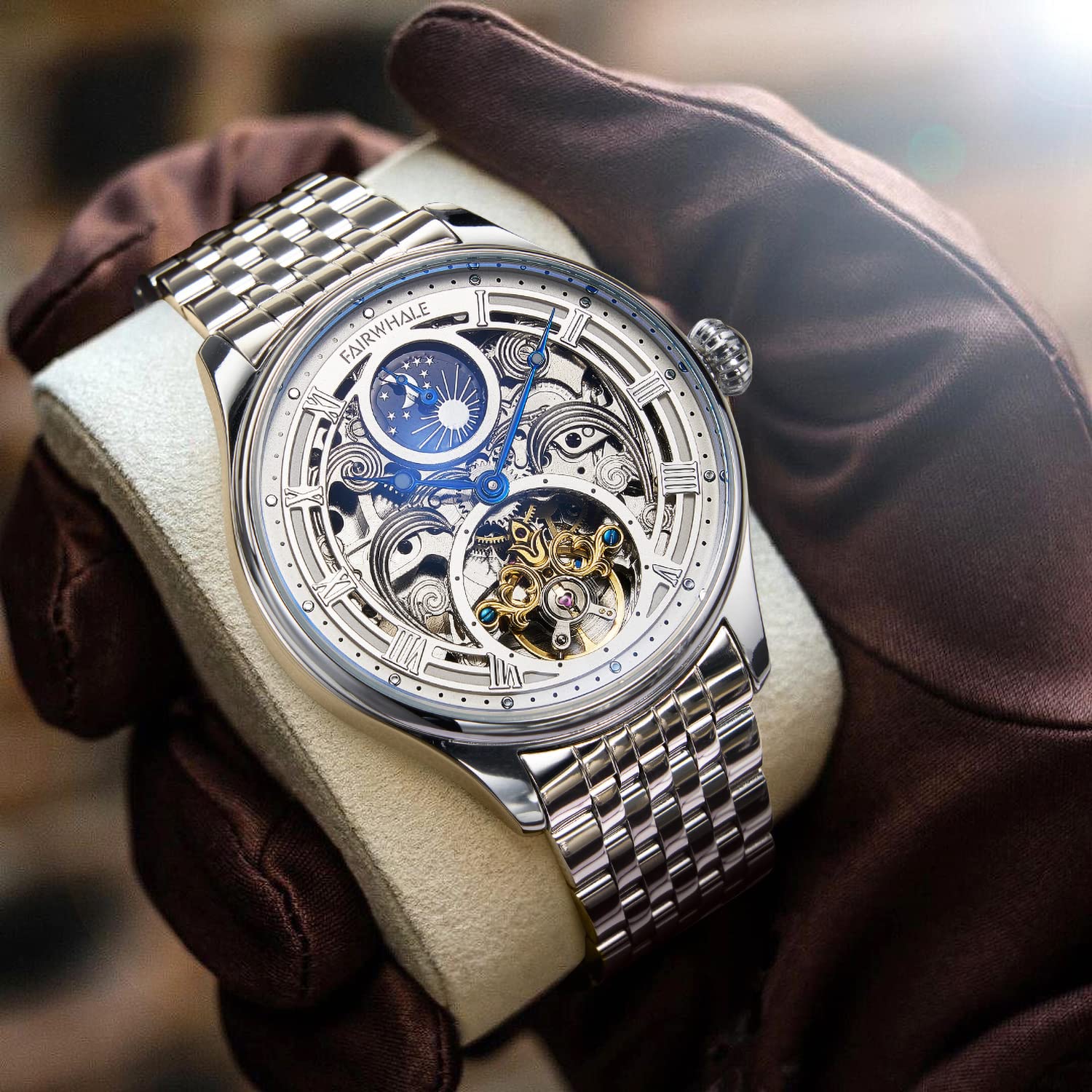 TEINTOP Reloj mecánico automático para hombre, diseño de esqueleto con cara blanca, sol y fase lunar