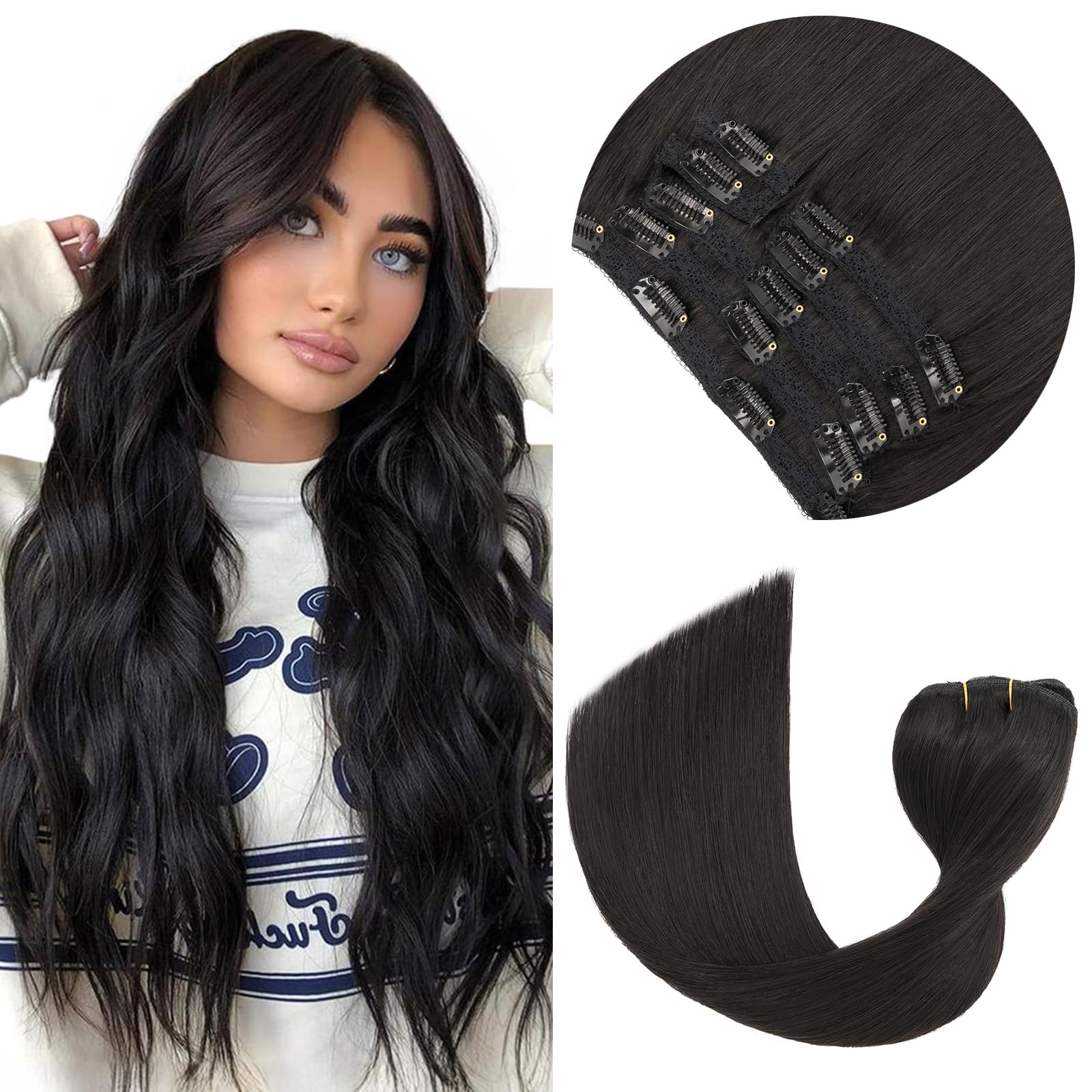 Elailite Hair Extensions Clip In Real Hair Double Weft Human Hair Virgin Remy Lace Weft 7 Pcs Full Head Straight