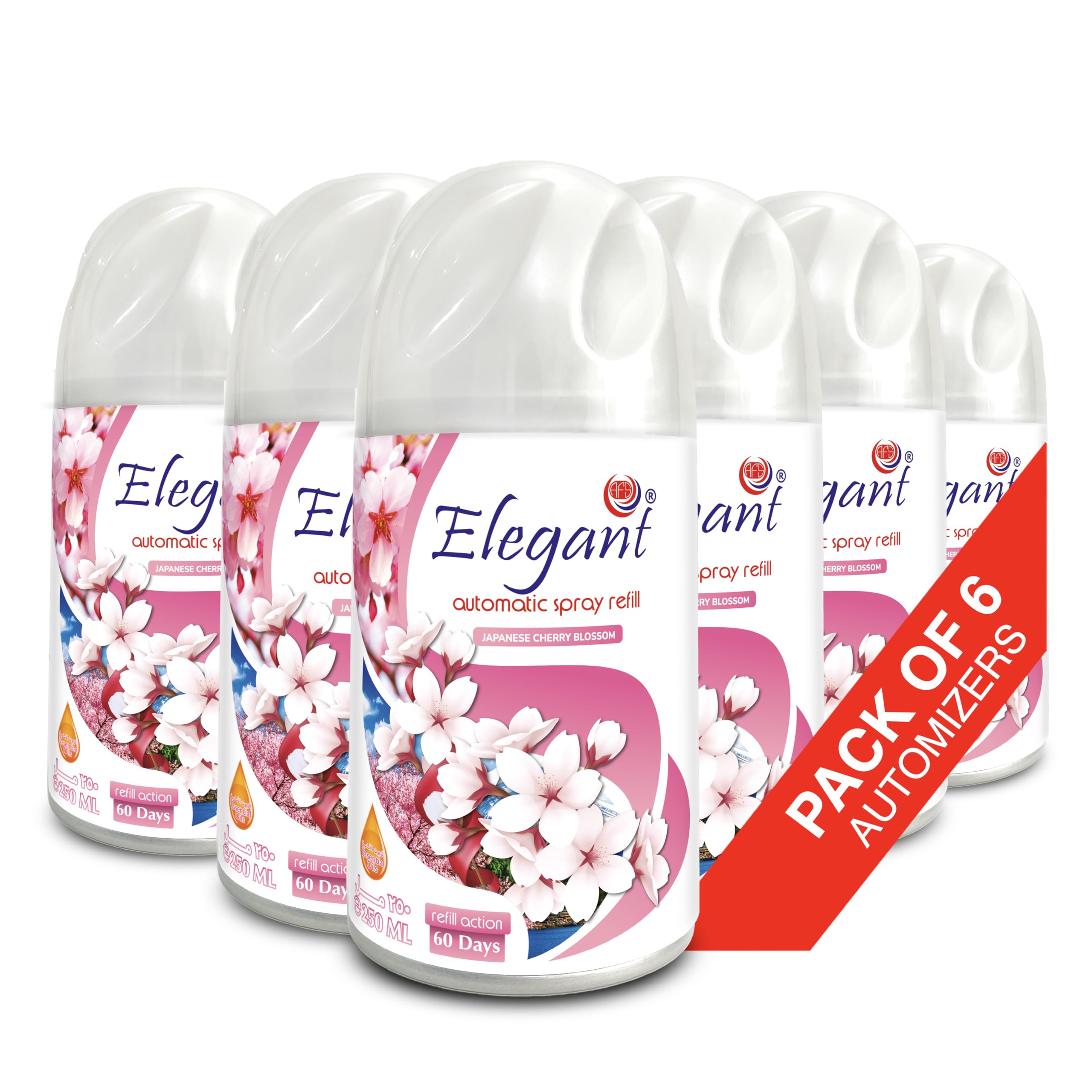Elegant Automatic Spray REFILL – Japanese Cherry Blossom – 250ML – Pack of 6, 6-Pack (250ML x 6 Pcs) – Air Freshener REFILL for Home And Bathroom, Made With ESSENTIAL OILS