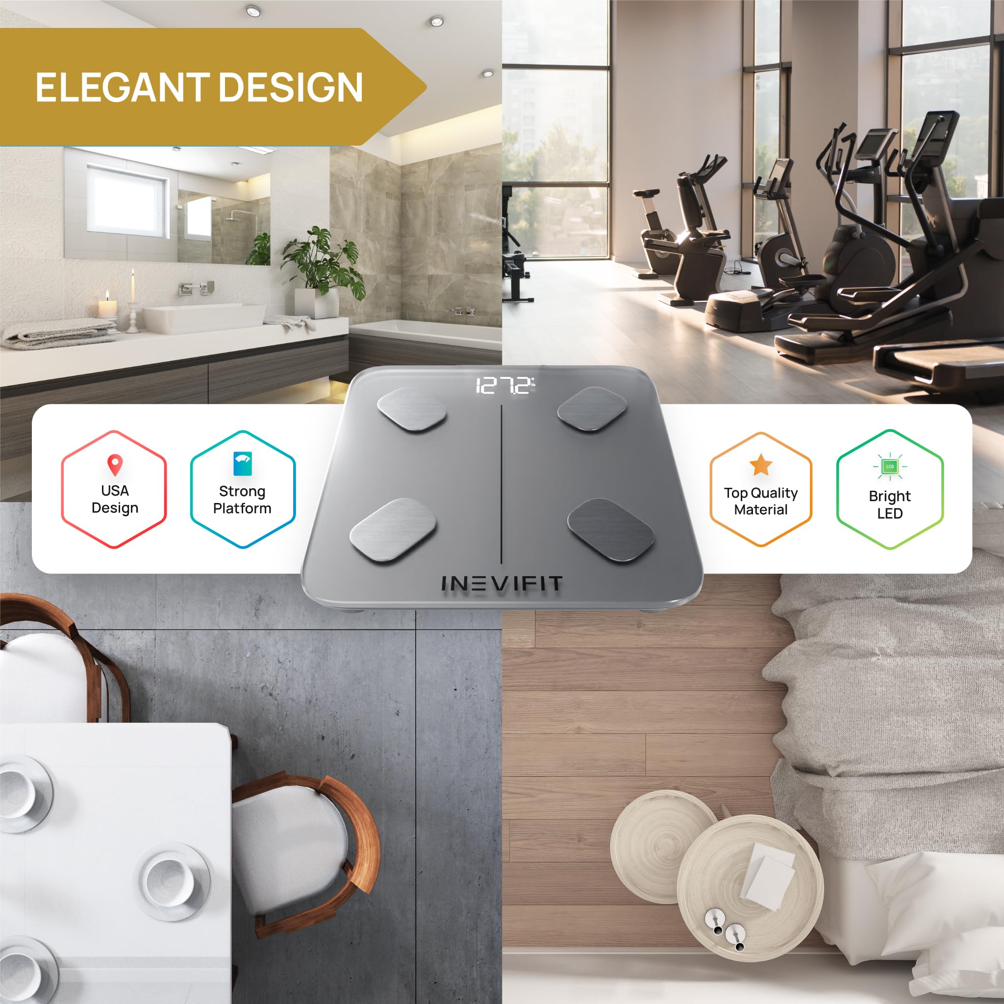 INEVIFIT Bilancia intelligente per il grasso corporeo, analizzatore digitale della composizione corporea del bagno Bluetooth altamente accurato, misura il peso, il grasso viscerale e le ossa (Eco-SIL)