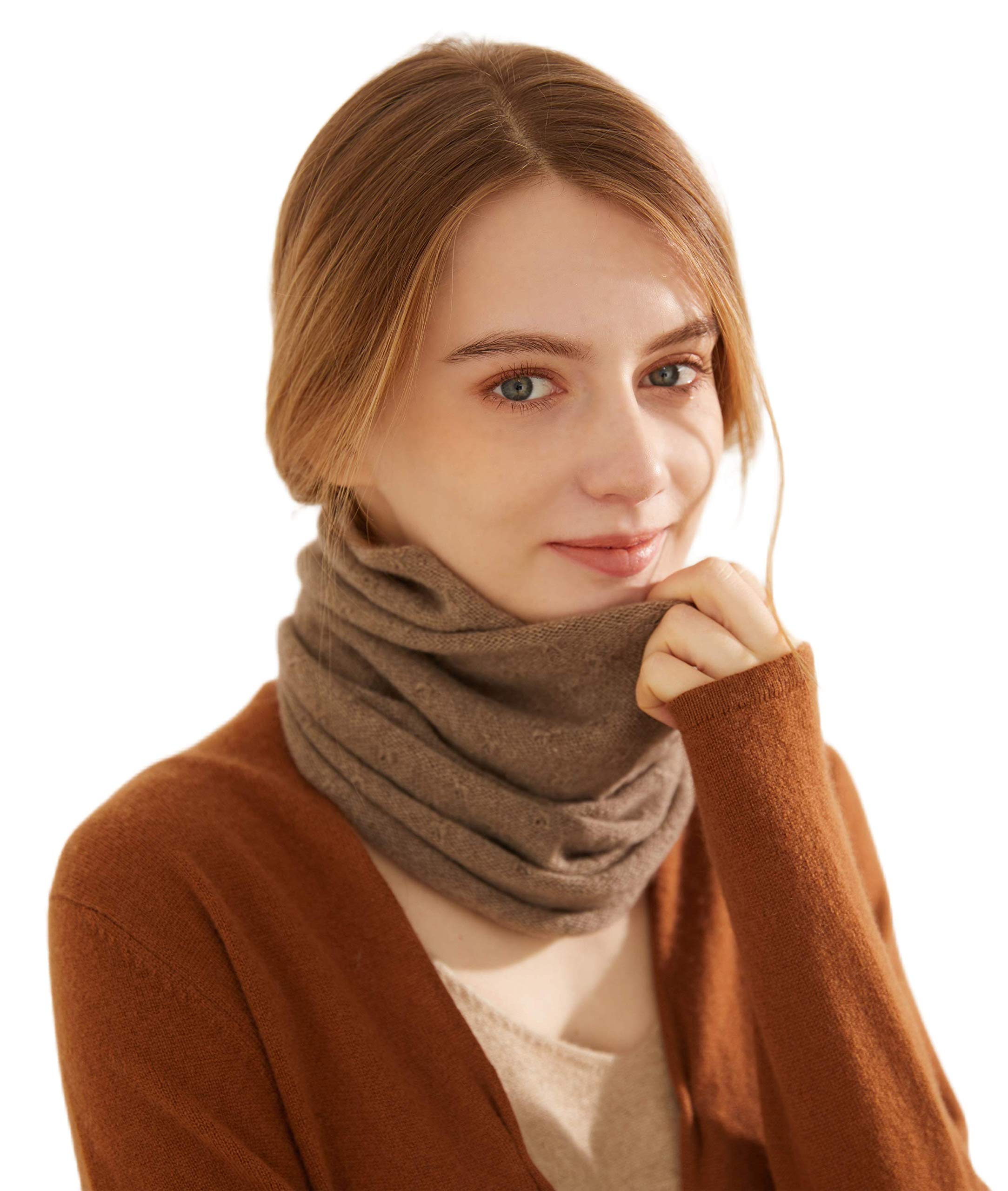 Prettystern Women's Brown Loop Scarf 100% Cashmere Wool Plain Knit Lady Neckerchief Tube Shawl