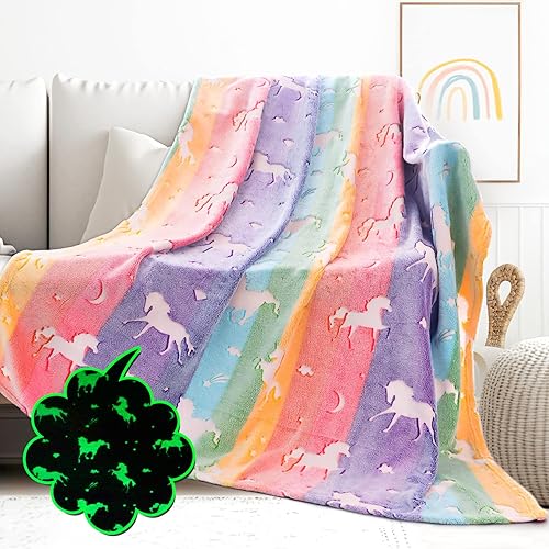 Manta de unicornio que brilla en la oscuridad para niñas, manta de vellón de unicornio arcoíris, regalos de unicornio, juguetes de decoración,