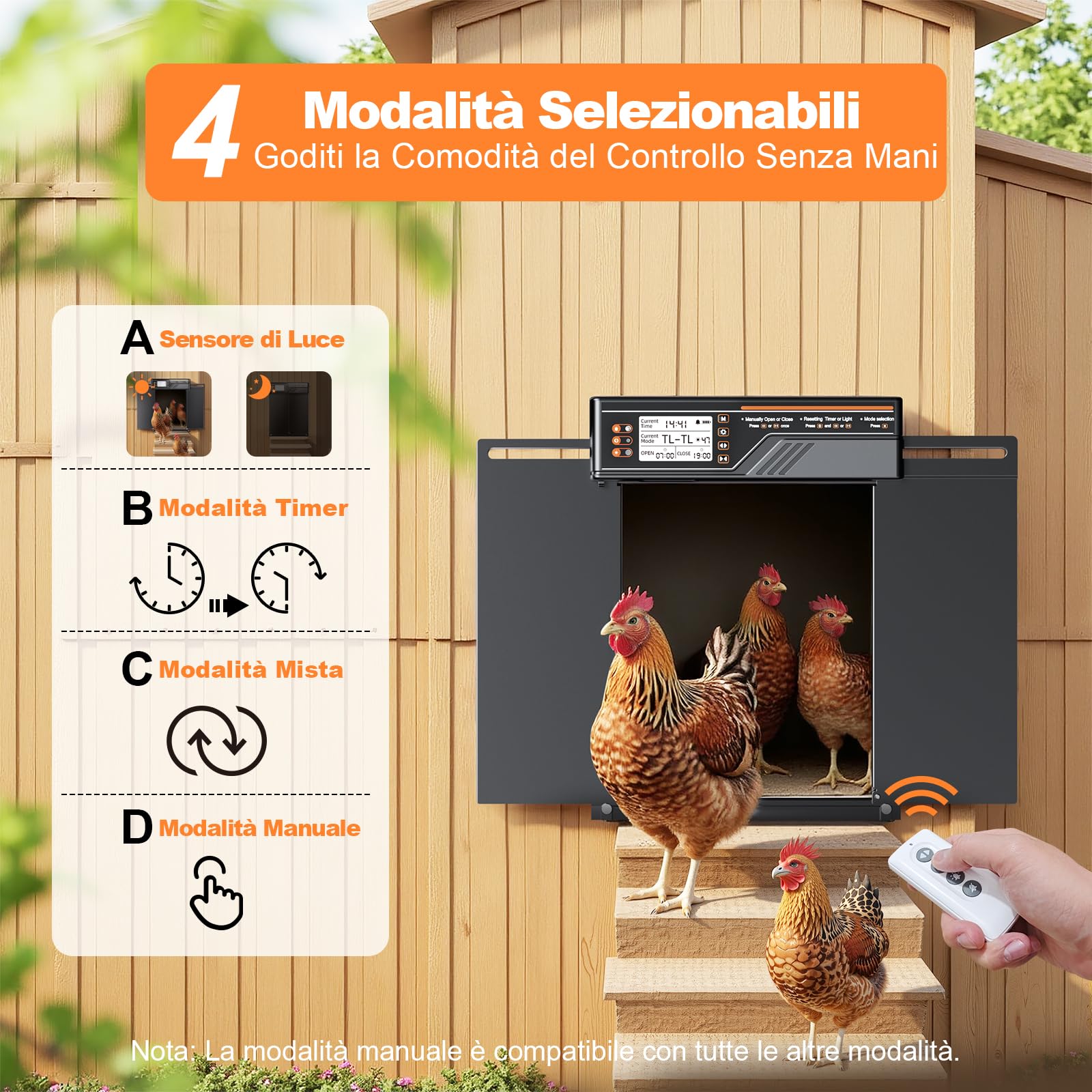 Porta Automatica per Pollaio Grandi Dimensioni, 4 Modalità | Porta Pollaio Automatica Alluminio con Pannello solare da 7 W, con timer e sensore di luce, Ampio display LCD, con telecomando (Nero)