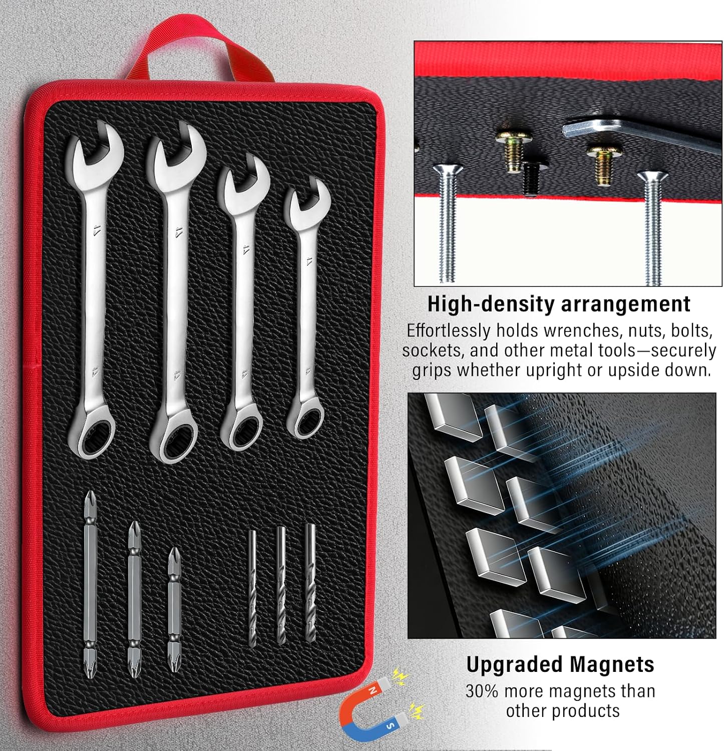 Flexible Magnetic Tool Mat with handles, 12.8" x9.5" Non-Slip Magnetic Tool Organizer & &Telescoping Magnetic Tool, Magnetic Tool Mat for Mechanics, Garage, Workshop & Auto Repair(Red)