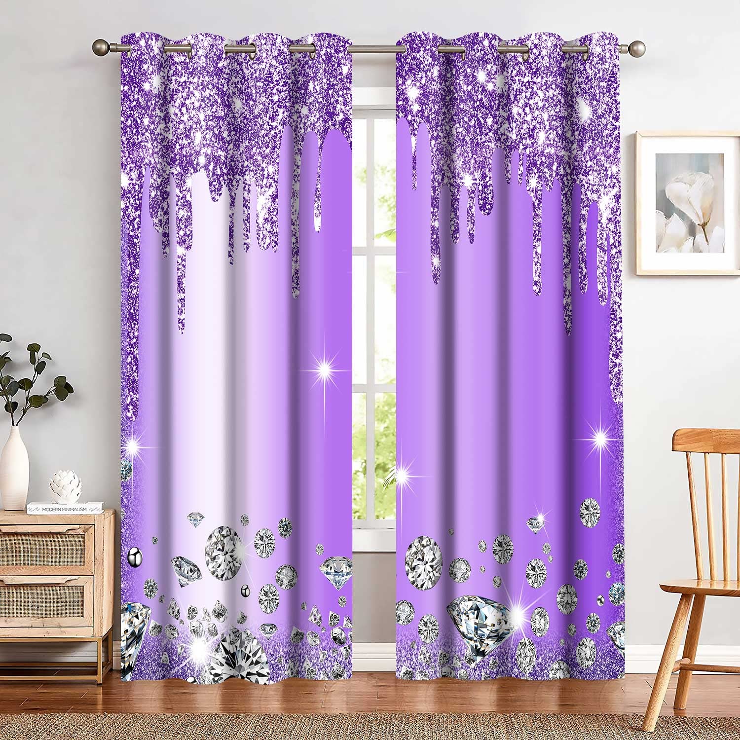 MIZSYE Purple Shiny Diamond Curtains Gorgeous Sparkling Drips Blackout Curtains Room Darkening Suitable for Girl Princess Bedrooms Living Rooms Art Decoration 2 Panels 42x84inch(No Sequins No Sequins)