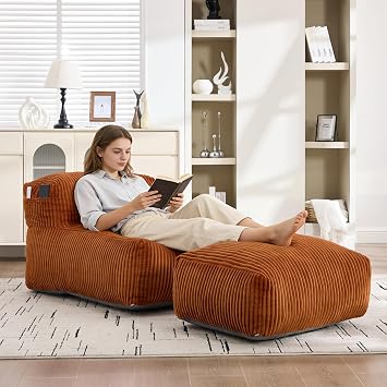 Warmiehomy Bean Bag Chais with Ottoman, Pre-Filler Bean Bag Couch with Footstool for Teens Adults, Comfy Corduroy Beanbag Chair for Living Room, BedroomOrange