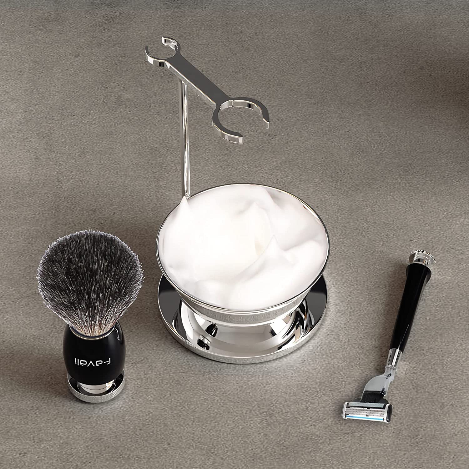 Kit 4in1 per Rasatura con Mach 3 | Supporto in Acciaio Inox con Scodella, Pennello & Rasoio - Set Completo per una Rasatura Perfetta
