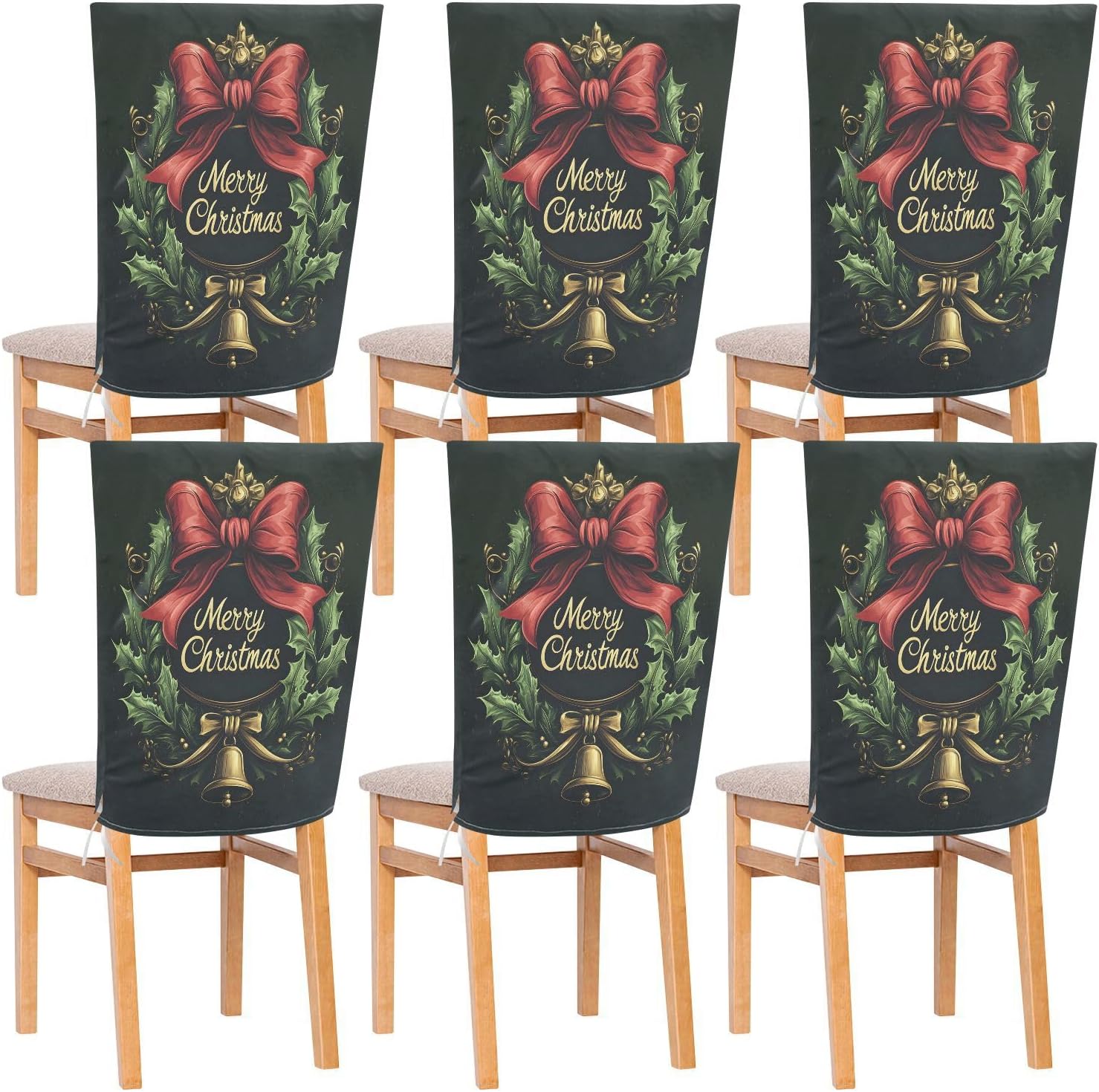 YETTASBIN Christmas Wreath Chair Back Cover Set of 6, Decorative Chair Slipcover Removable Washable Seat Back Protector with Tie Rope for Dining Room, Classroom, Holiday Party Home Decor