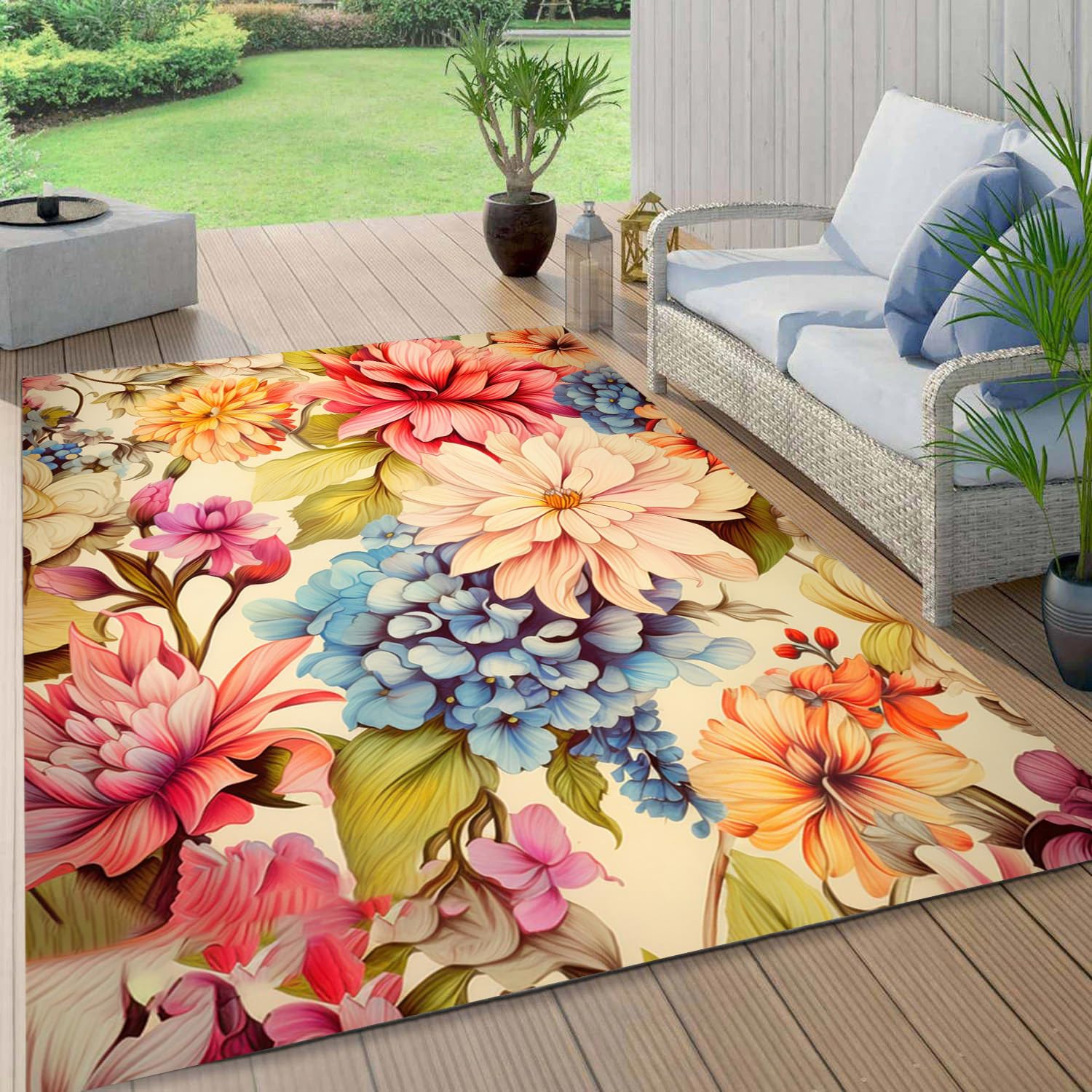 Easy Clean Floral Outdoor Rug 2x3 Yellow Pink Machine Washable Area Rugs for Patio Balcony Camping Pool Garden Non Slip Waterproof Outside Carpet