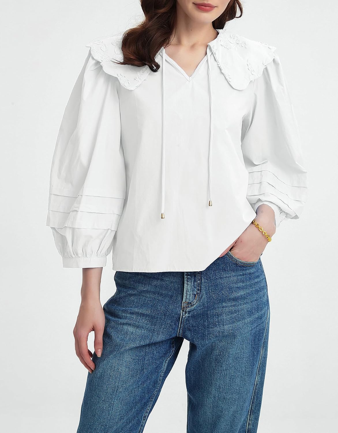 Kedera Women's 3/4 Sleeve V Neck Blouses with Embroidered Collar Dressy Summer Tops Casual Loose Fit Shirt with Tie