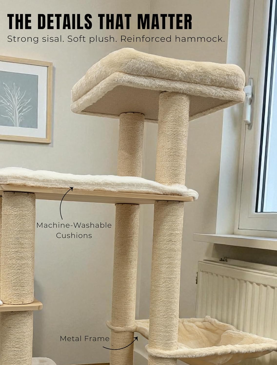 Multi-Level Pine Wood Cat Tree Tower for Indoor Large Cats - Solid Cat Condo House with Hammock - Sisal Scratching Posts - Sturdy Cat Furniture, 49", Beige