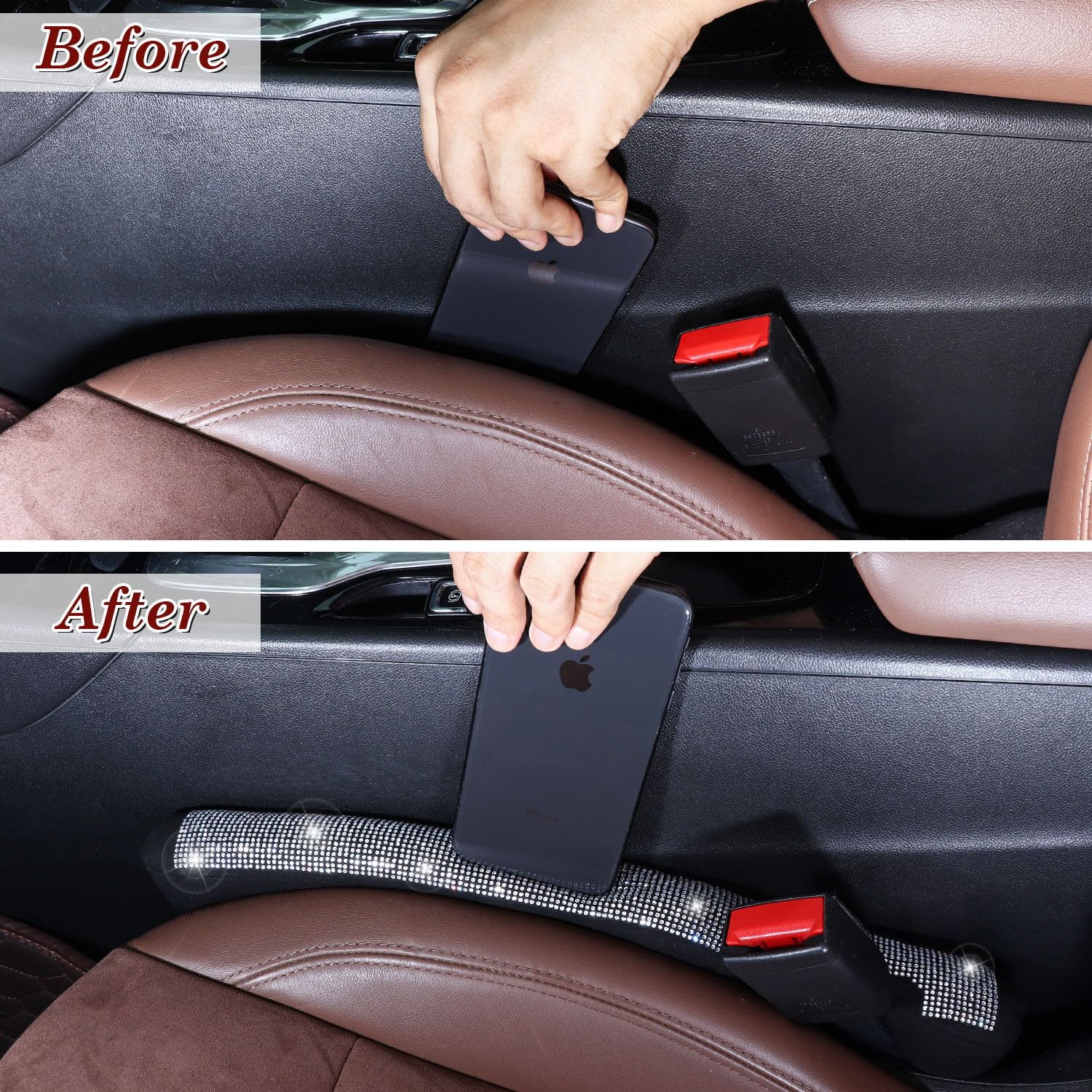 ToBeQueen Bling Car Seat Gap Filler Universal Fit for Car SUV Truck, Set of 2 Handmade Crystal Diamond Rhinestone Seat Gap Blocker Bling Car Accessories for Women(Silver)