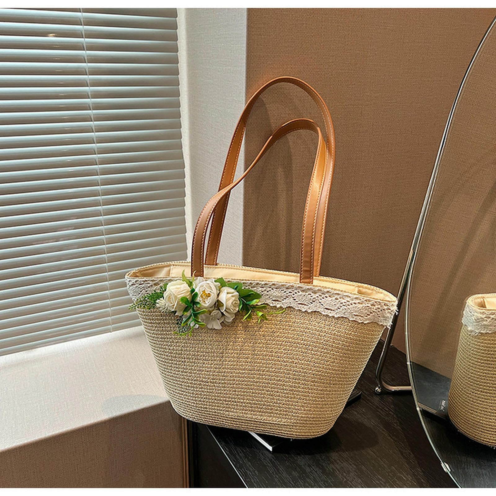 Strohtasche Damen Strohbeutel Frauen Sommerstrandtasche Große Kapazität Strohtasche Mit Zipper Beach Totes Gewebte Umhängetasche-beige