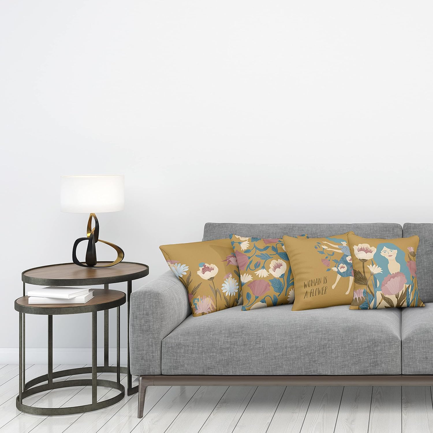 Ambesonne Floral Throw Pillow Cushion Case Pack of 4, Watercolor Design Flowers and Blooming Ladies Woman is a Flower Feminist, Modern Accent Double-Sided Digital Printing, 16", Fawn Slate Blue Rose