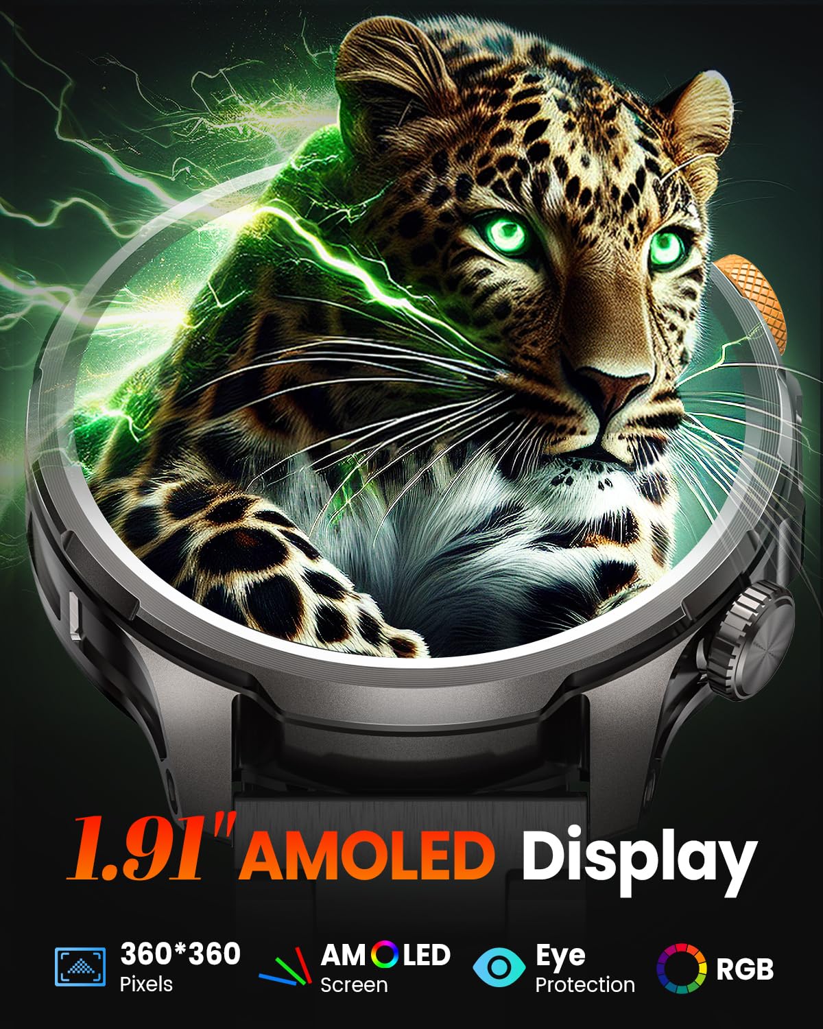 Smartwatch Herren Militär mit 1000mAh und LED Taschenlampen, Schwarz | 1,91" AMOLED Display, 5ATM Wasserdicht, 110+ Sportmodi, Telefonfunktion, 24h Herzfrequenz, Schlaf, SpO2, Android iOS