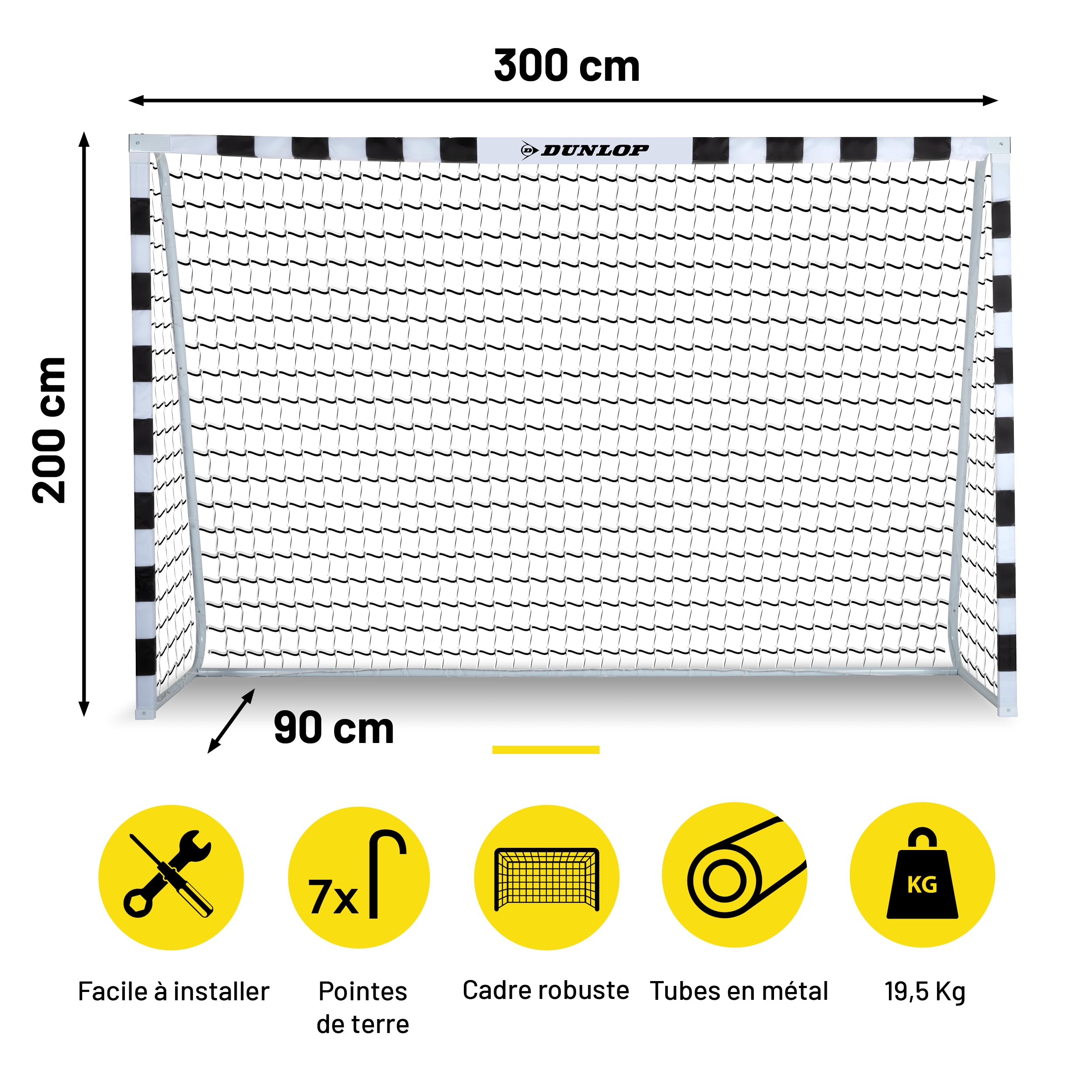 Dunlop Cage de Foot But pour Enfant 300 x 200 x 90 cm Kit Entrainement Football Exterieur Interieur Noir/Jaune