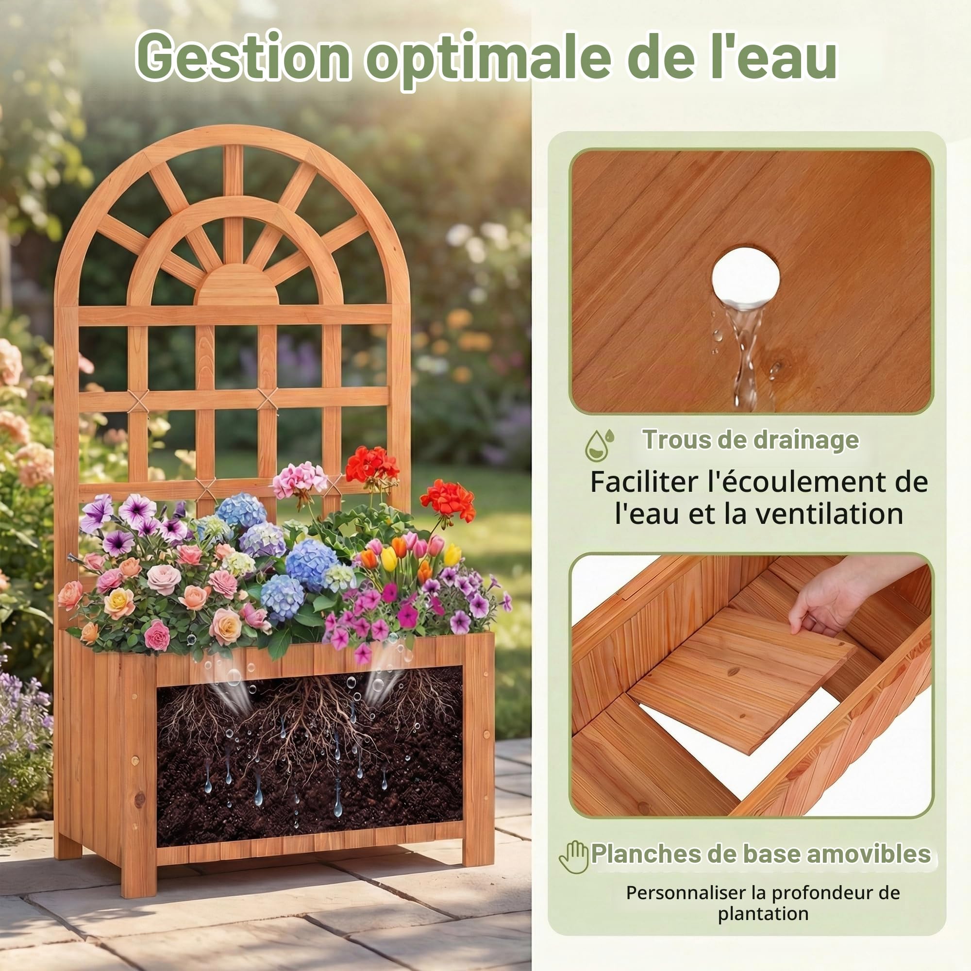 HOMASIS Jardinière avec Treillis en Bois, Carré Potager Jardinière Brise-Vue avec Trou Drainage, Lit Surélevé de Jardin, pour Plante Grimpante Vigne, Intérieur et Extérieur (Marron, 61 x 30 x 121 cm)