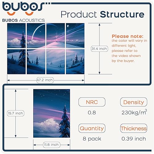 Miniatura 226 de BUBOS Paquete de 8 paneles acústicos artísticos insonorizados, paneles de pared de 47.2 x 31.4 pulgadas, paneles de pared acústicos decorativos