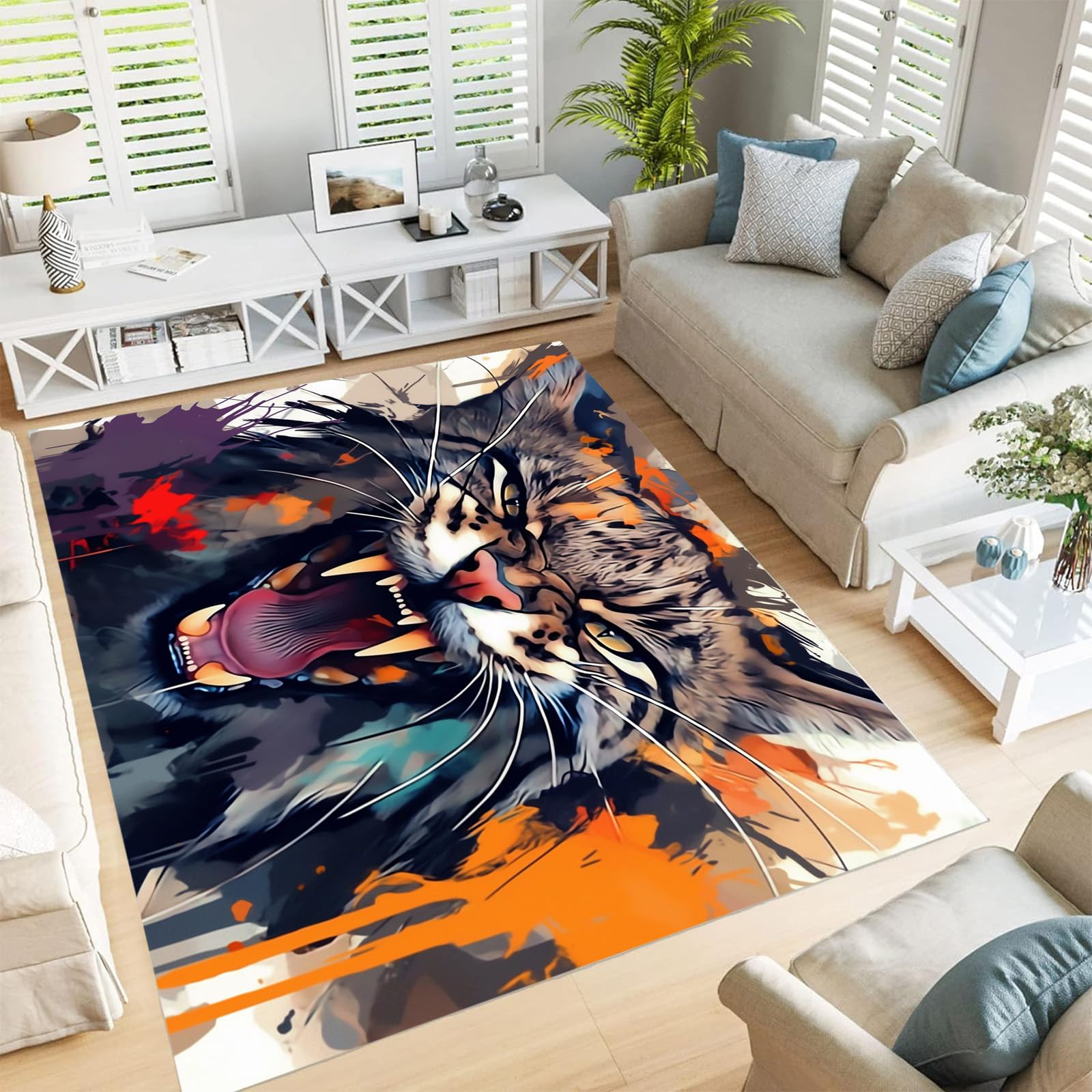 Tapis chat sauvage lavable en machine et antidérapant gris anthracite pour salon moderne