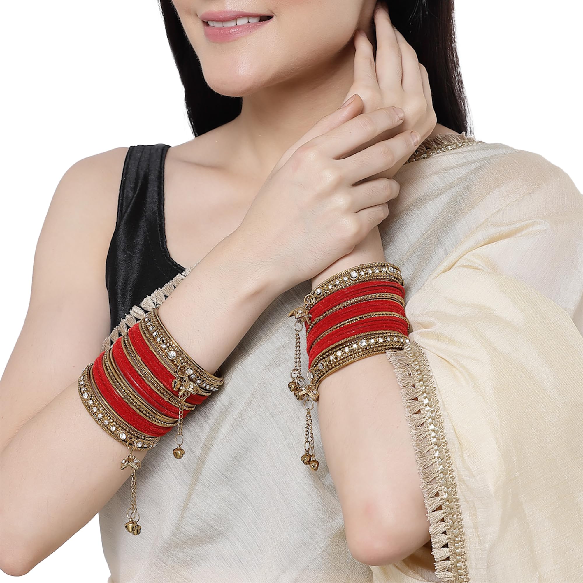 Gold-Plated Velvet Diamond Pearl Bangles Set of 56