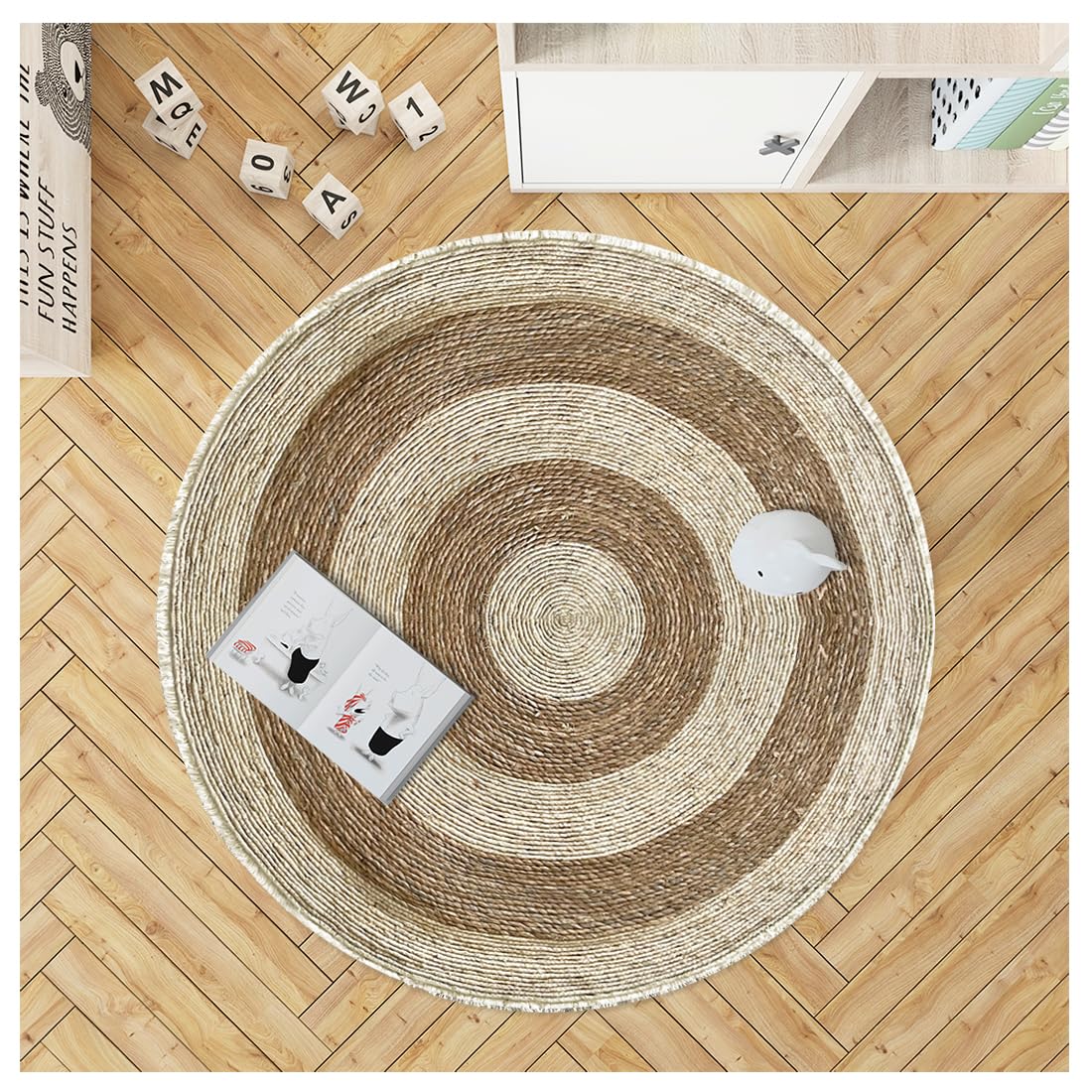 Acomoda Textil - Alfombra de Yute Ecológica de Fibra Natural. Alfombra Grande y Resistente de Fácil Limpieza para Hogar, Casa y Oficina en Interior y Exterior. (Redonda 120 cm Ø, Diana)