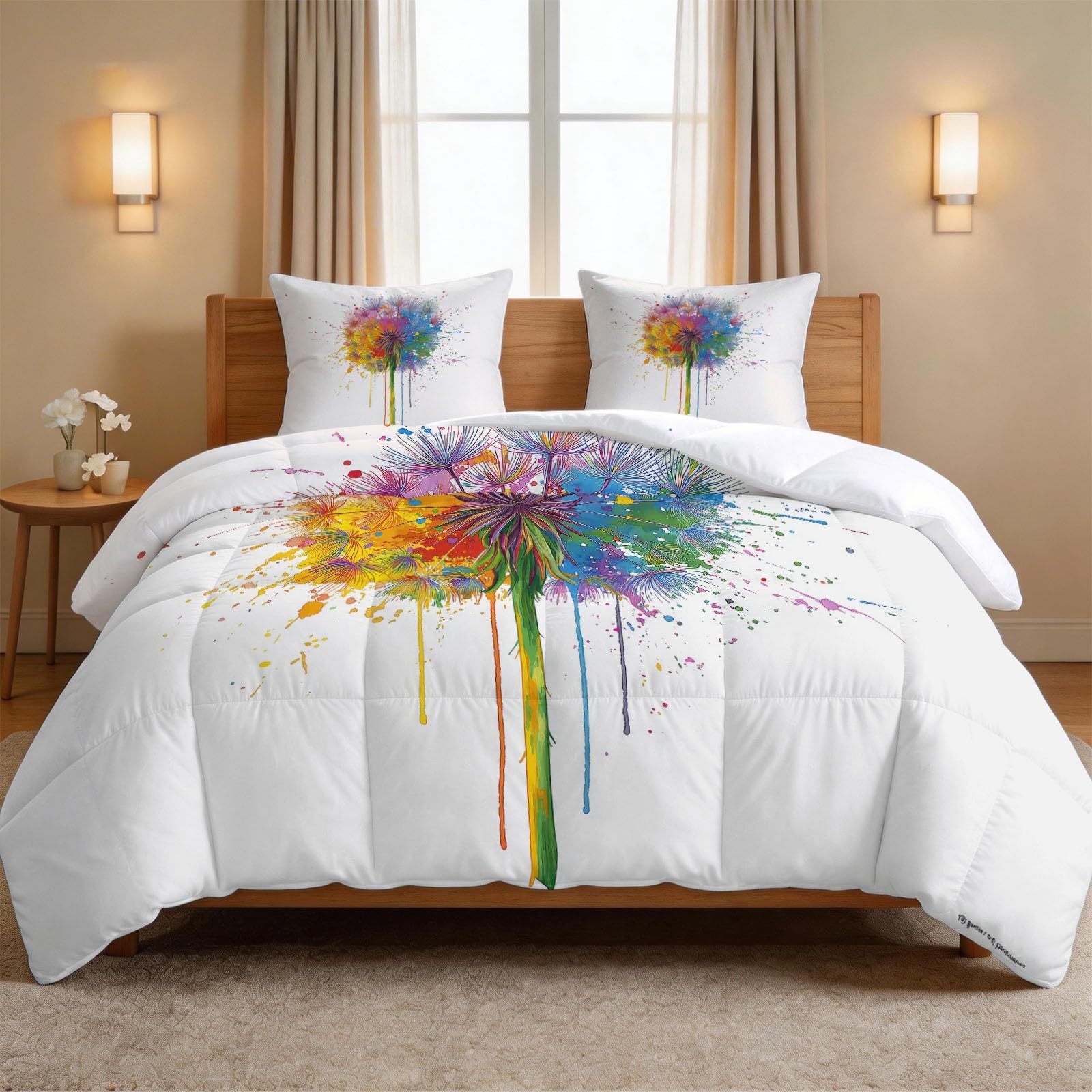 Kołdra w stylu bajecznym stylu, 155 x 220 cm, całoroczna, na 4 pory roku, rośliny, tęcza, dmuchawiec, pikowana – przyjazna dla skóry, poszewka na poduszkę z 2 poszewkami na poduszki 80 x 80 cm