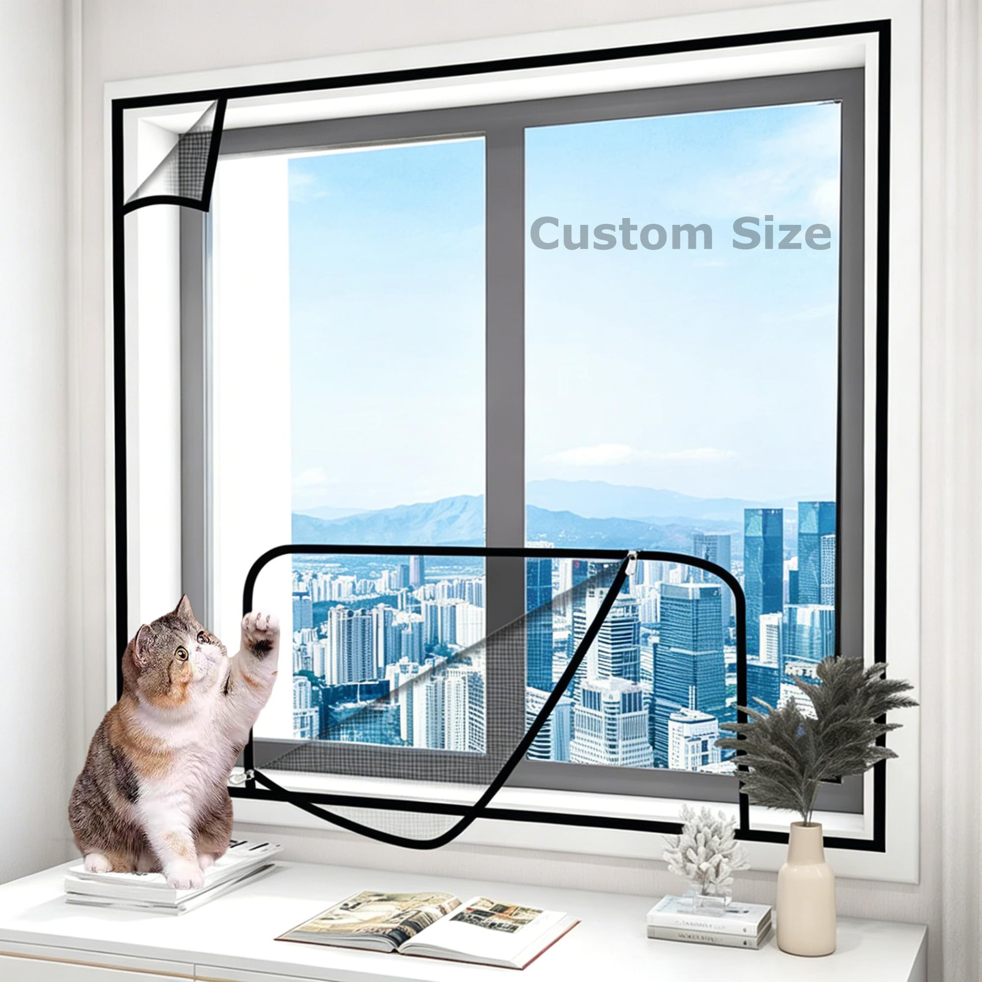 Xxiudee White/Black Custom Size Cat Safety Mesh, Window Fly Screen Insect Net, Window Screen Mesh With Self-Adhesive Tape, Cat Protection Netting, Semi-Transparent Anti Insect