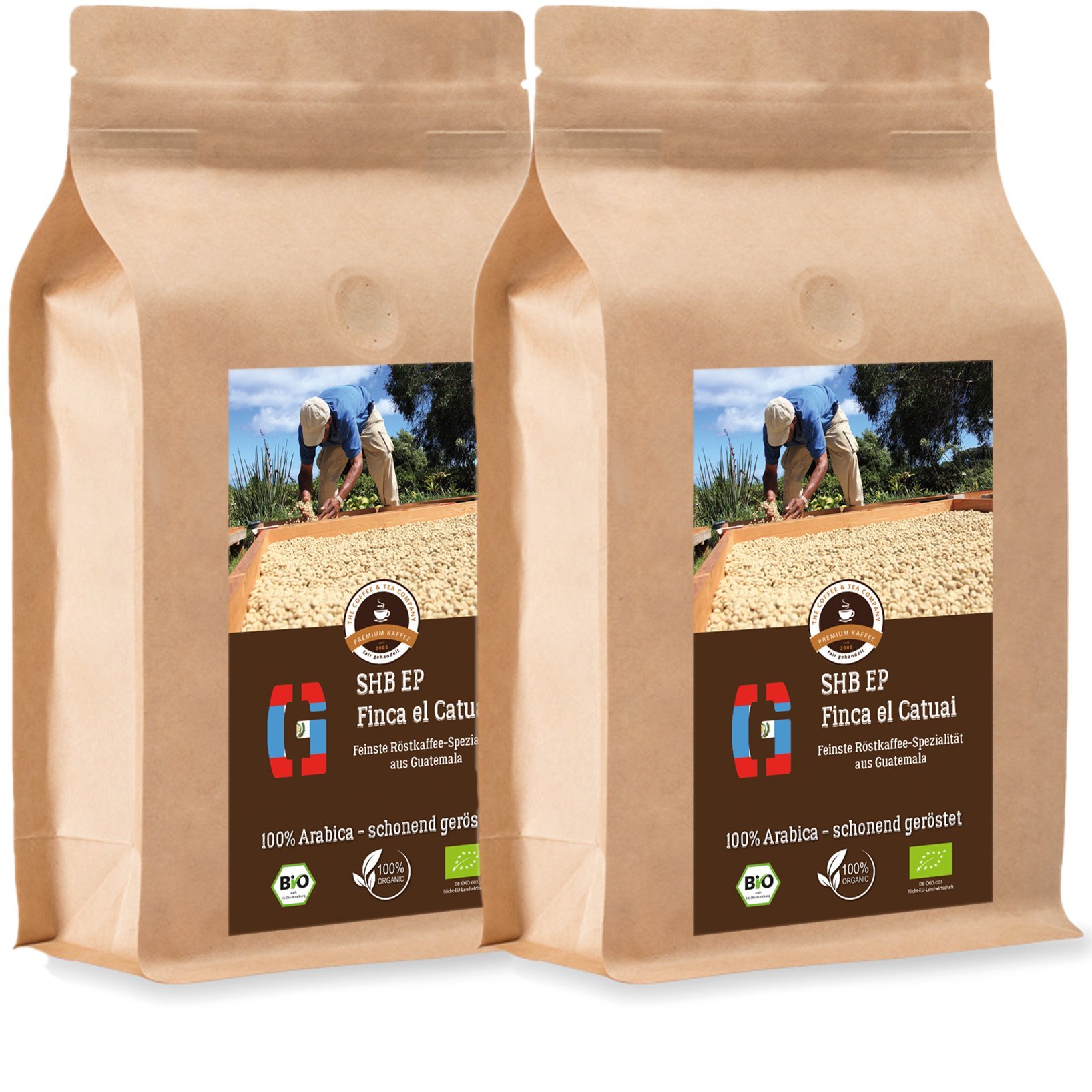Kaffee Globetrotter - Bio Guatemala SHB EP Finca El Catuai - 2 x 1000 g Fein Gemahlen - für Kaffee-Vollautomat, Kaffeemühle - Röstkaffee aus biologischem Anbau | Nachfüllpack Sparpack