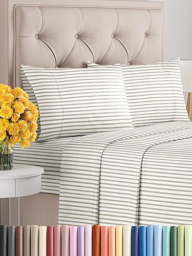Sábanas a rayas, sábanas beige, sábanas a rayas color tostado, sábanas de rayas tamaño King, sábanas de lujo para hotel, con bolsillos profundos,