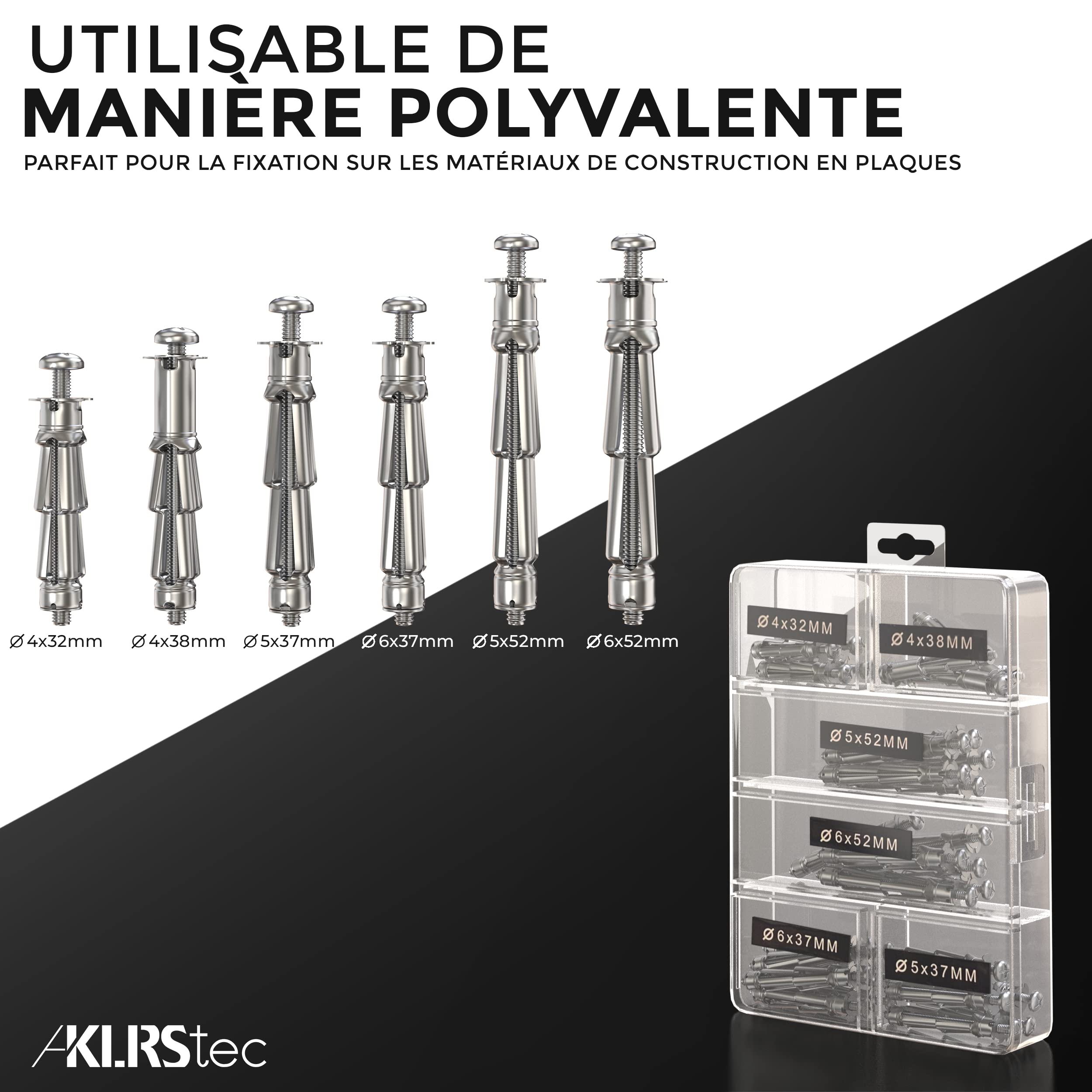 KLRStec Kit de Chevilles de fixation professionelle - Pince de montage pour carton-plâtre y compris chevilles métalliques pour cloisons creuses en 6 tailles différentes