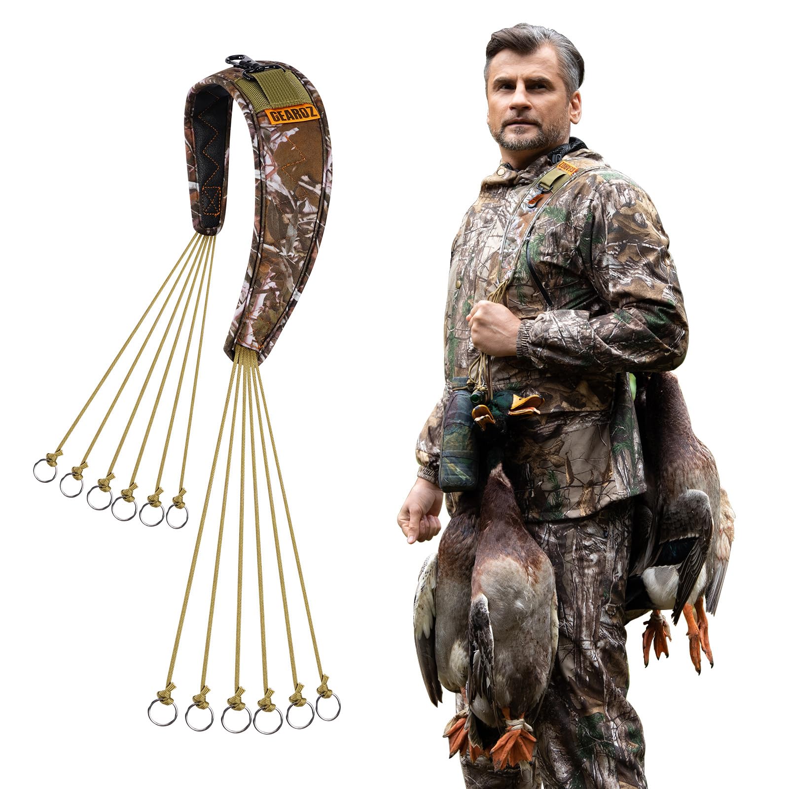 GearOZ Duck Carrier Lanyard, 12 Slip Rings for Hanging Waterfowl Game/Birds/Duck Call Whistle, Lightweight Neck Strap Duck Holder Ideal for Carrying Small Game, Fowl Hunting Accessories, Camo