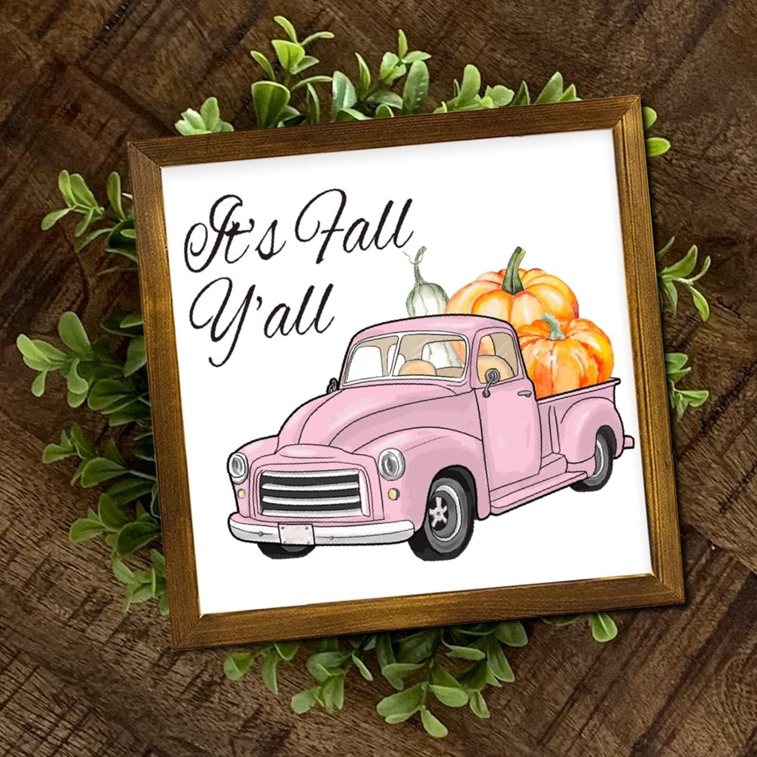 It's Fall Y'all Plaid Pumpkin Pink Truck Wood Framed Signs Maple Leaves Hanging Wall Art Classic Autumn Harvest Wall Decor Hanging Plaque Sign for Living Room Bedroom Dining Room 12x12 inch