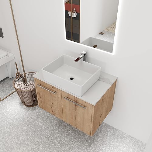 ARTCHIRLY Tocador de baño de 30 pulgadas con fregadero, moderno juego de tocador flotante de pared para baño, tocador marrón, fregadero de cerámica